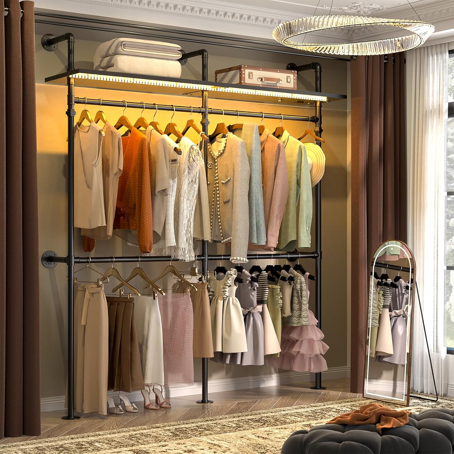 Aheaplus Industrial Pipe Clothing Rack, Reversible 79.7'' Clothes Rack for Hanging Clothes, Heavy Duty Garment Rack Closet Wardrobe Rack with LED Lights& Shelves, Walk-in Closet System, Black