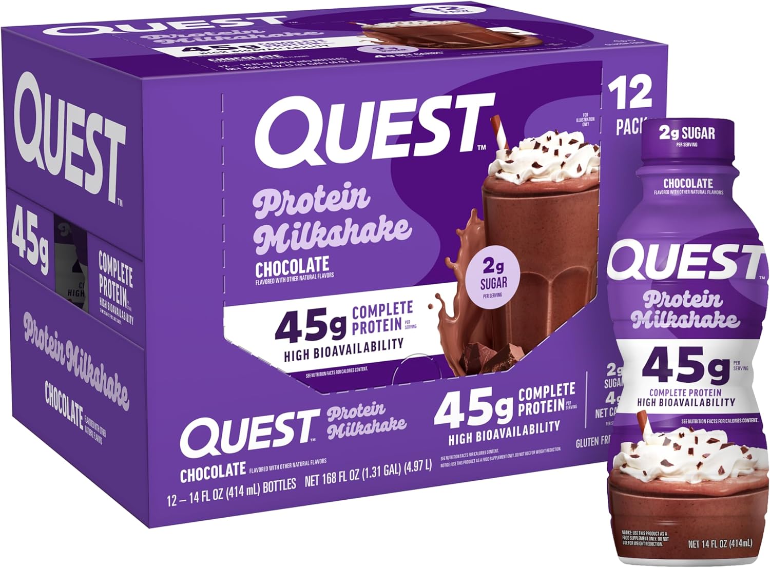 Quest Nutrition Chocolate Protein Shake, 45g Protein, 2g Sugar, 4g Net Carbs, Ready to Drink, Gluten Free, 12 Count