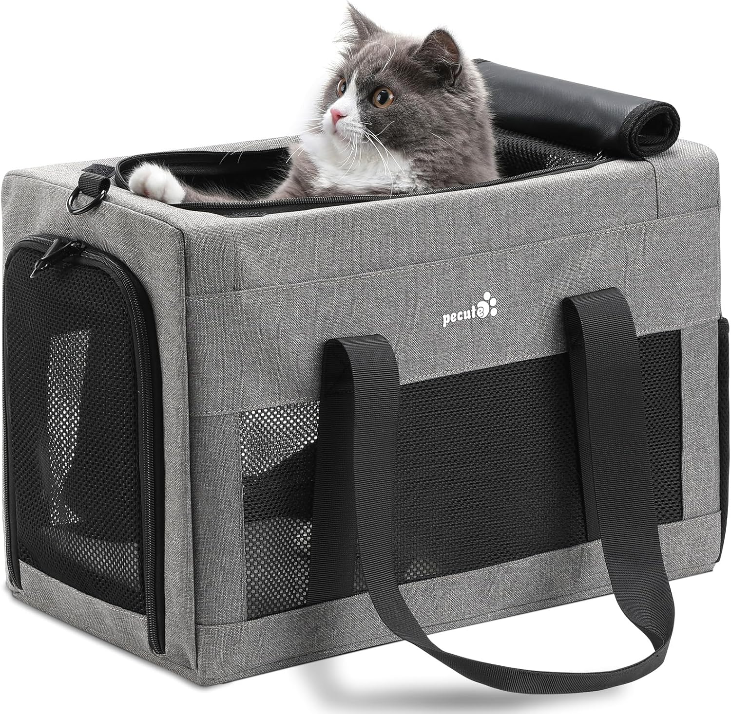 pecute® Cat Carrier Airline Approved, Extra Stable Cat Carrier Handbag, Portable Dog Carrier, Breathable Mesh Fabric Bag for Pets, Pet Carrier Suitable for Both Long And Short Trips Grey