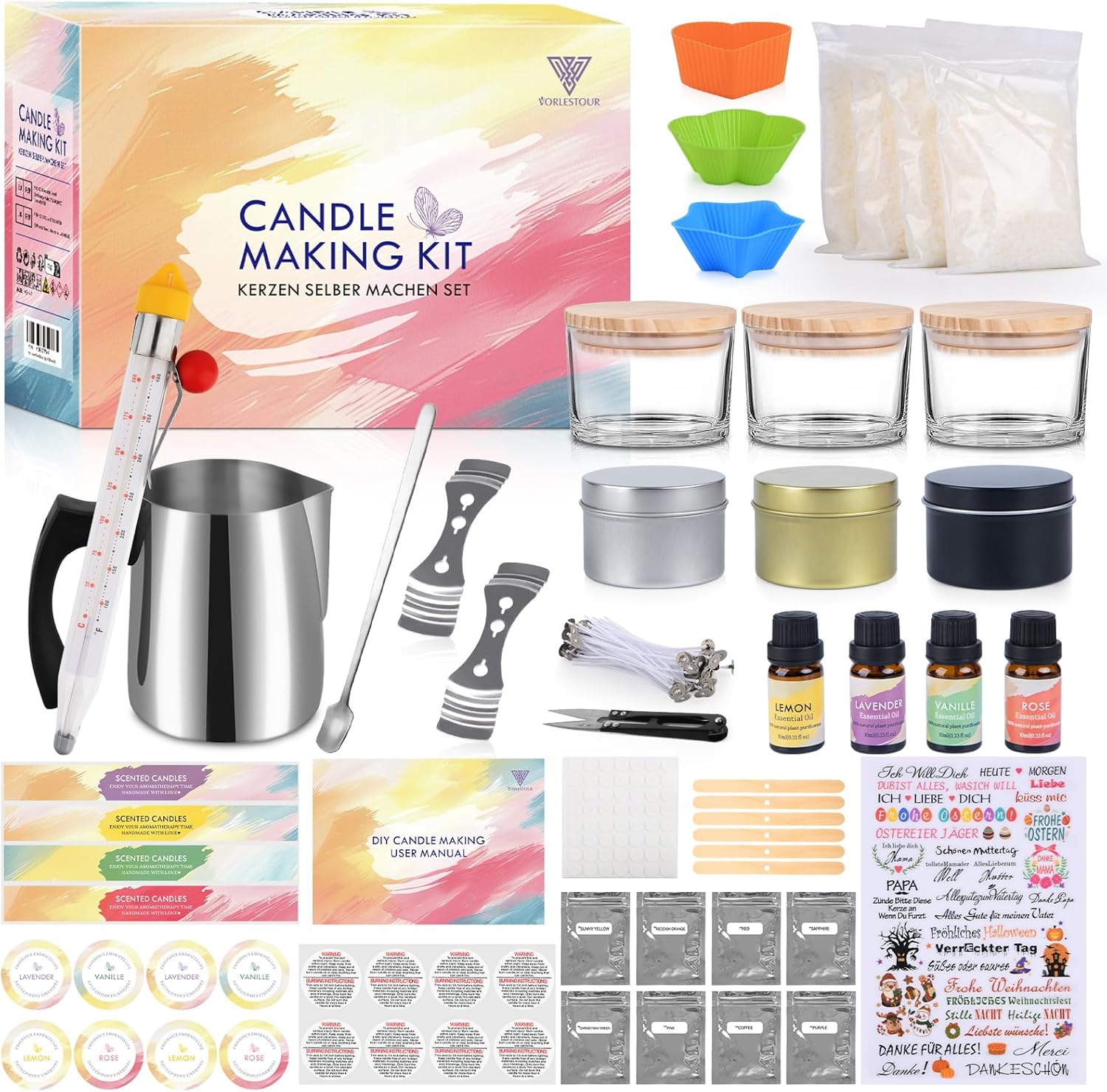 Vorlestour Candle Making Kit for Adults Beginners, 162PCS 480g Soy Wax Candle Making Supplies Accessory with Candle Tattoo Stickers, Melting Pot, All in DIY Scented Candle Kit to Make Your Own
