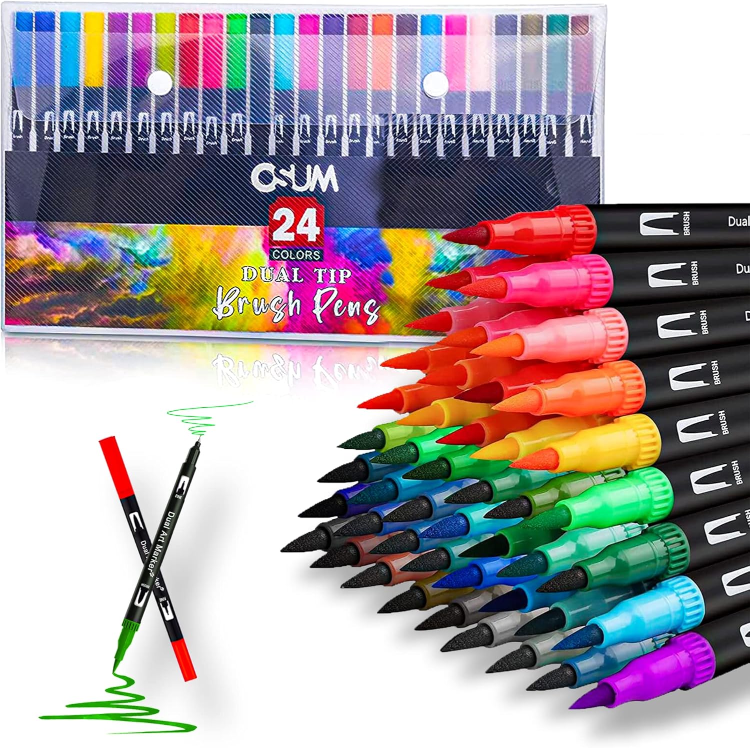 OSUM Colouring Pens wallet of 24 | Felt fine tip Pens and Fineliner Pens Coloured Pens Dual tip brush pens Art Supllies for Adult Colouring Books Painting Sketching Highlighting (Modern)