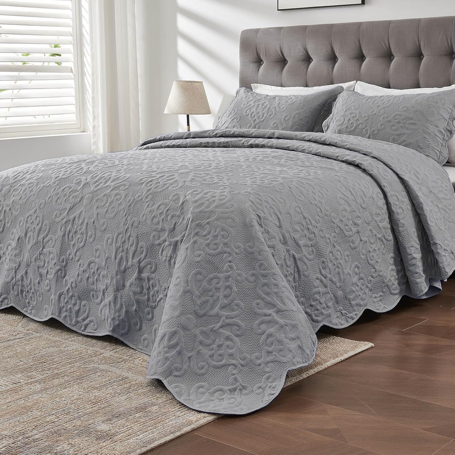 Oversized California King Bedspreads 120x120 for Extra Tall Split Cal King Bed Lightweight Quilted Coverlet Set 3 Pieces 1 Quilt 2 Pillow Shams Grey