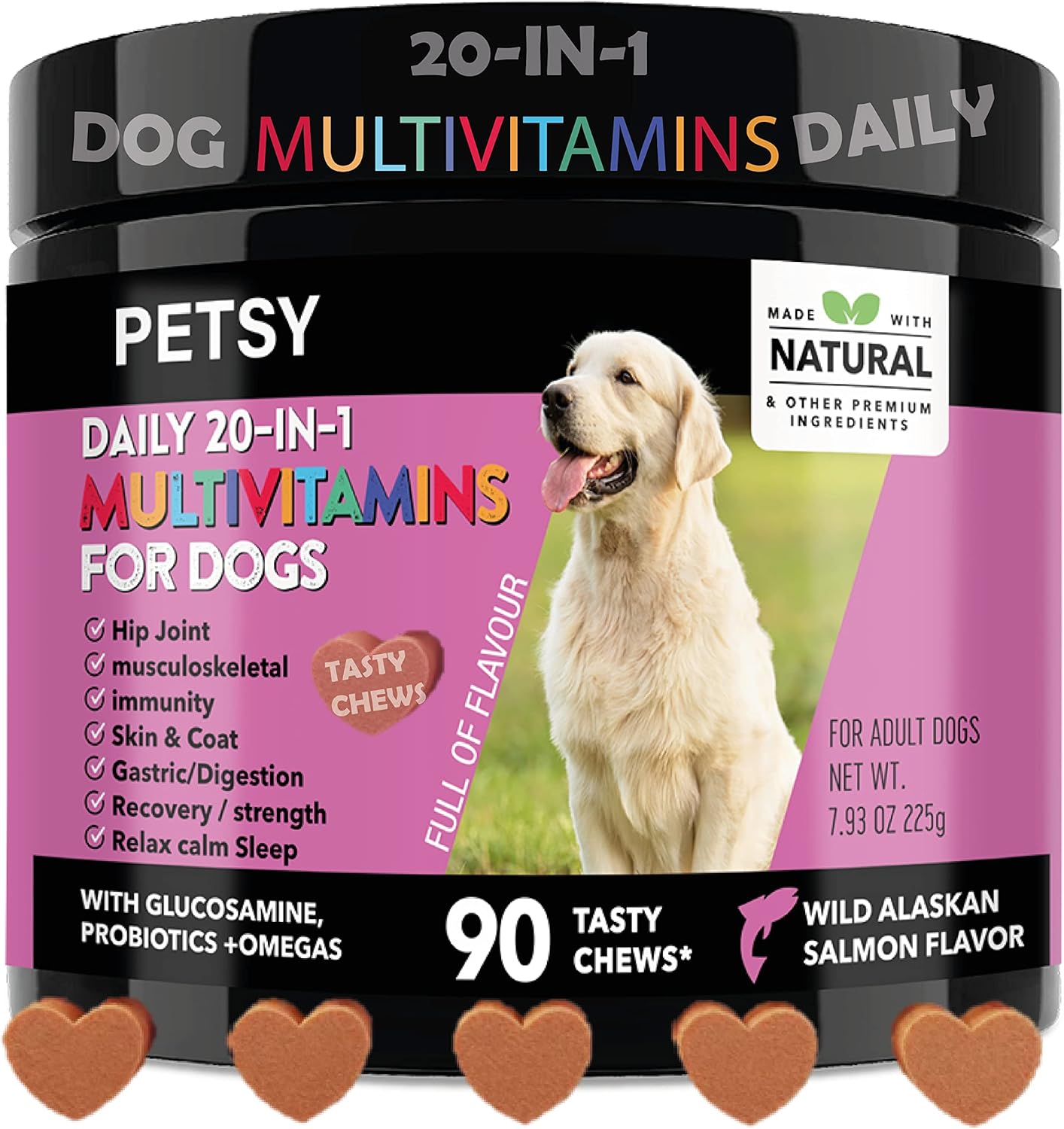PETSY™ Dog Vitamins & Supplements 20-in-1 Essential Multivitamins, B2,B3,B6,B7,B12, Vit C, Folic Acid, Biotin, Glucosamine, Chondroitin, Wild Alaskan Salmon oil, Hemp Seed oil, Probiotics Blend Treats
