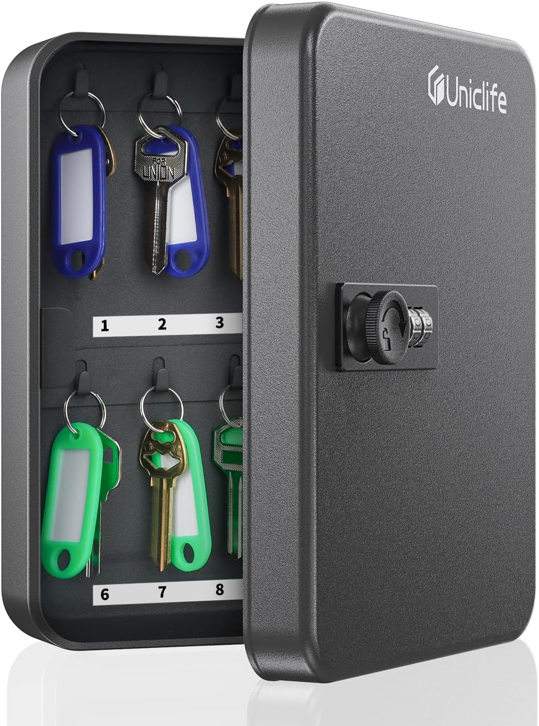 Uniclife 20 Position Key Cabinet with Combination Lock Resettable Black Digital Security Storage Box Steel Key Organizer with Colorful Key Tag Labels Stickers and Hooks