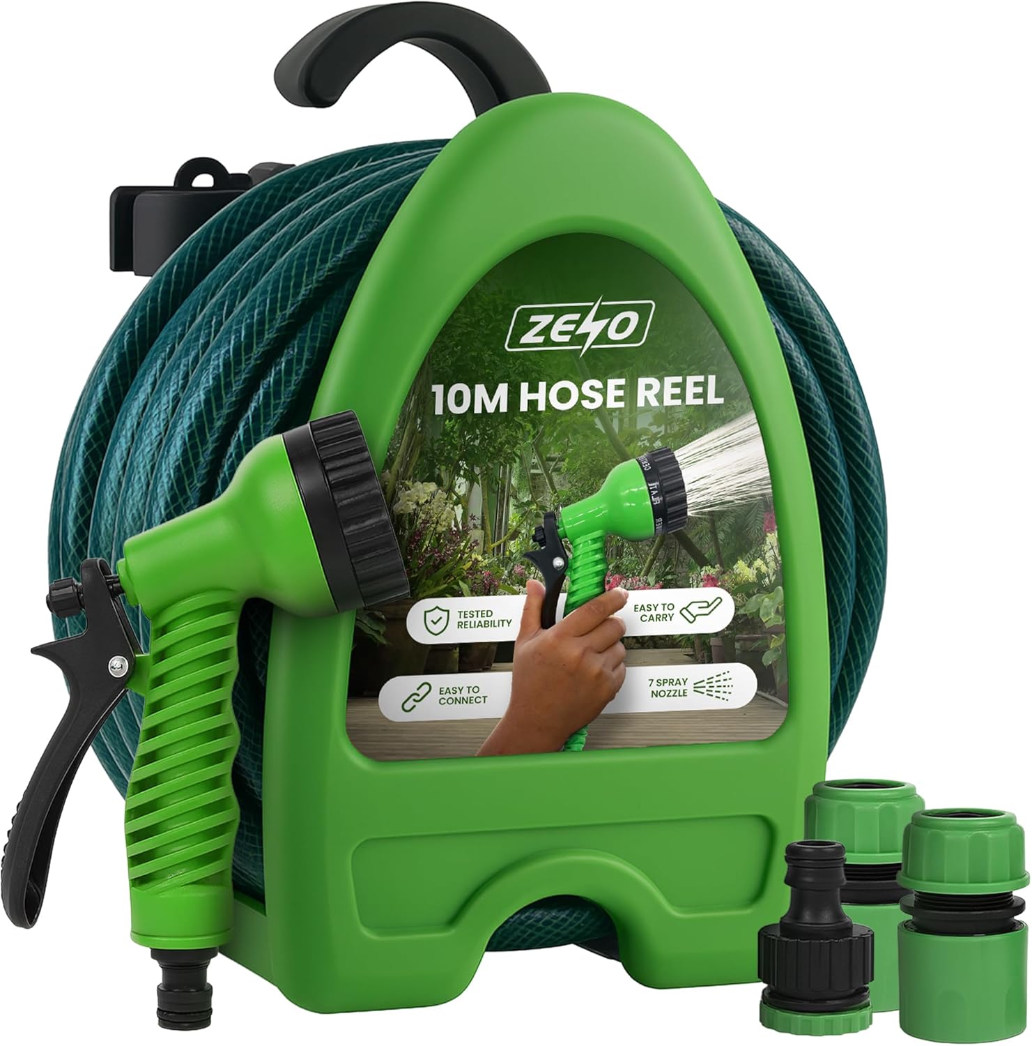 ZENO Hose Pipe Reel 10M | Garden Hose 32 Feet | Hosepipes for Garden with Water Spray Gun, Adjustable Nozzles, Stand | Compact and Portable Hosepipe for Watering Garden, Flowers, Cars | Heavy Duty