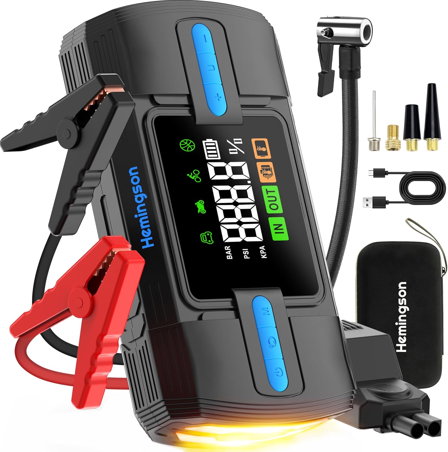 Jump Starter Power Pack with Air Compressor, 3000A Peak 160 PSI12V Car Jump Starter for up to 9.0L Gas/8.0L Diesel, Portable Battery Jump Starter Large LCD Display with LED Lights