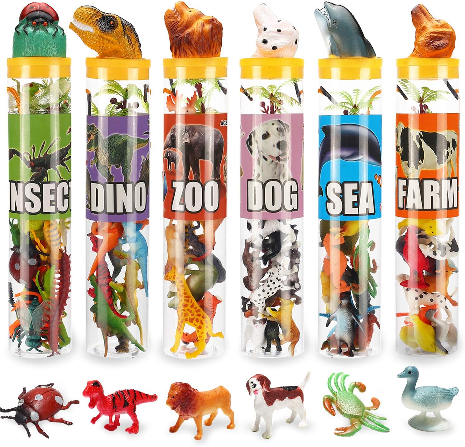 82 Piece Animal Toy, Assorted Mini Dinosaur Insect Ocean Sea Farm Jungle Animal Dog Figure, Realistic Vinyl Plastic Zoo Play Set, Small Toys for Sensory Bin Cupcake Topper Party Favors