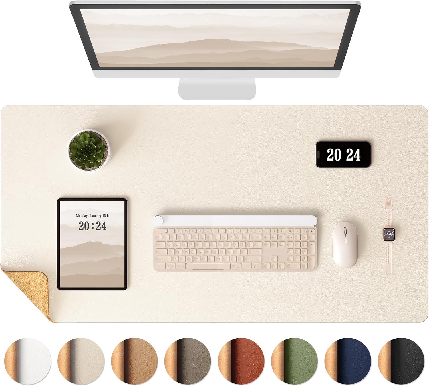 Aothia Dual-Sided Desk Mat - Natural Cork & Leather Desk Protector, Large Mouse Pad, Waterproof Blotter, Writing Pad for Office/Home, Beige (25.6"x13.7")