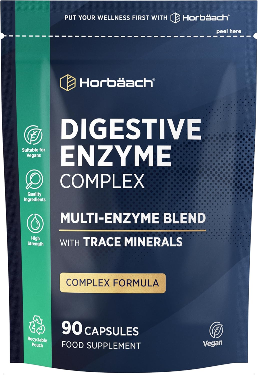 Digestive Enzymes Supplement with Trace Minerals | Complex Providing Amylase, Lactase, Lipase & Protease | Systemic Proteolytic Enzymes | 90 Vegan Capsules | by Horbaach