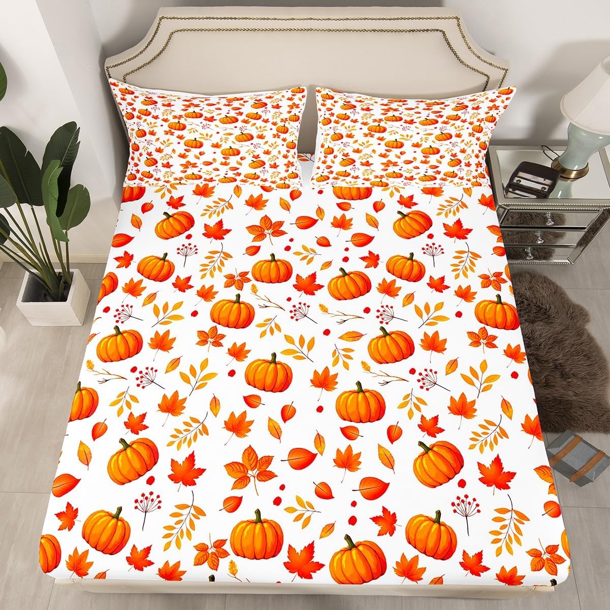 Halloween Pumpkin Bed Sheets Happy Fall Autumn Bedding Sets Full,Cute Fall Flowers Maple Leaves Fitted Sheet Thanksgiving Gifts Fitted Bed Sheet for Kids Boys Girls Home Room Decor 2 Pillowcases