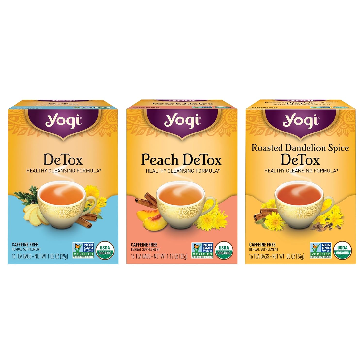 Yogi Herbal DeTox Variety Pack (3 Pack) Healthy Cleansing Formula - Caffeine Free - 48 Organic Tea Bags