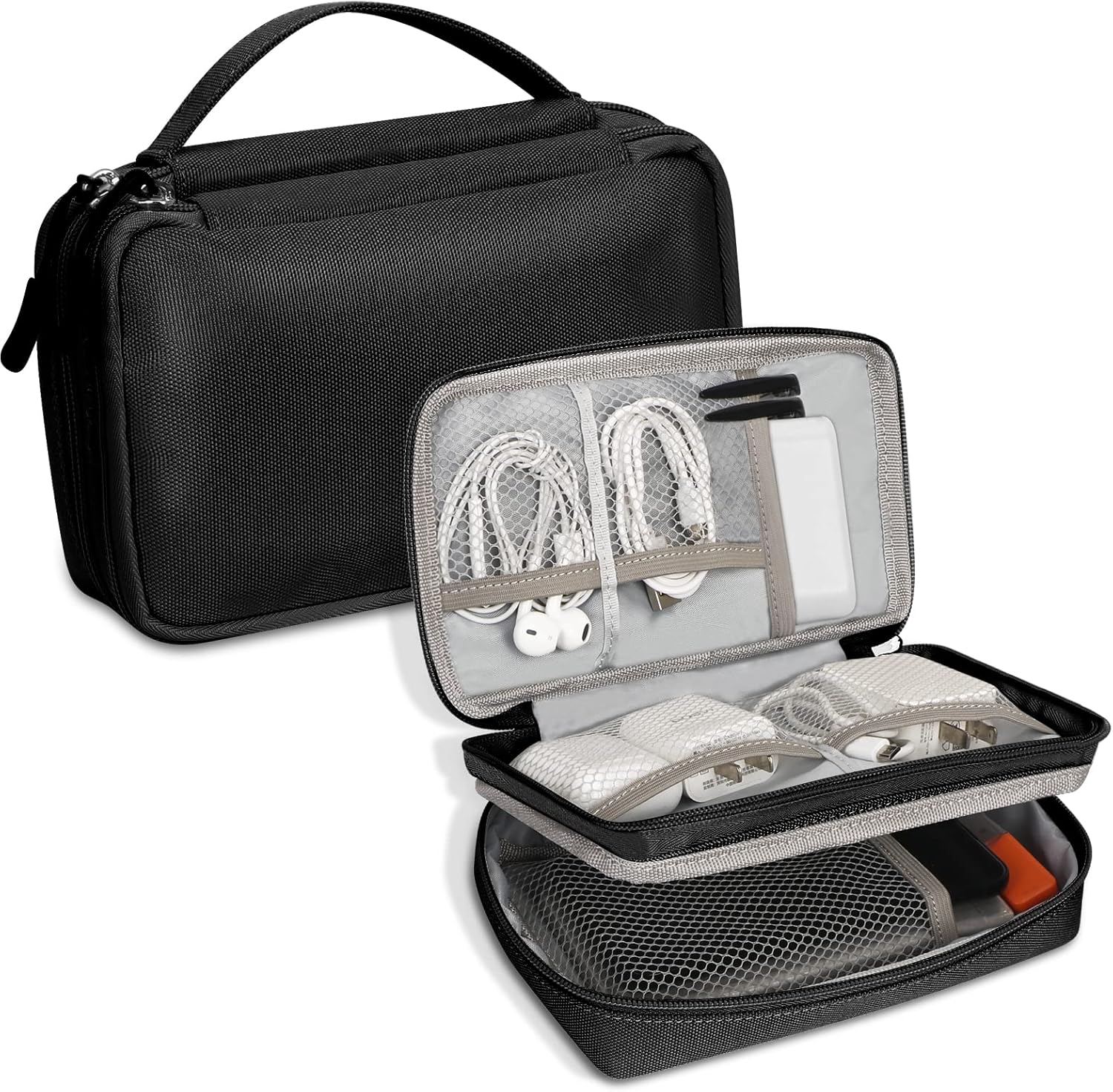 FYY Electronic Organizer, Travel Cable Organizer Bag Pouch Electronic Accessories Carry Case Portable Double Layers Waterproof All-in-One Storage Bag for Cable, Cord, Charger, Phone, Hard Drive, Black