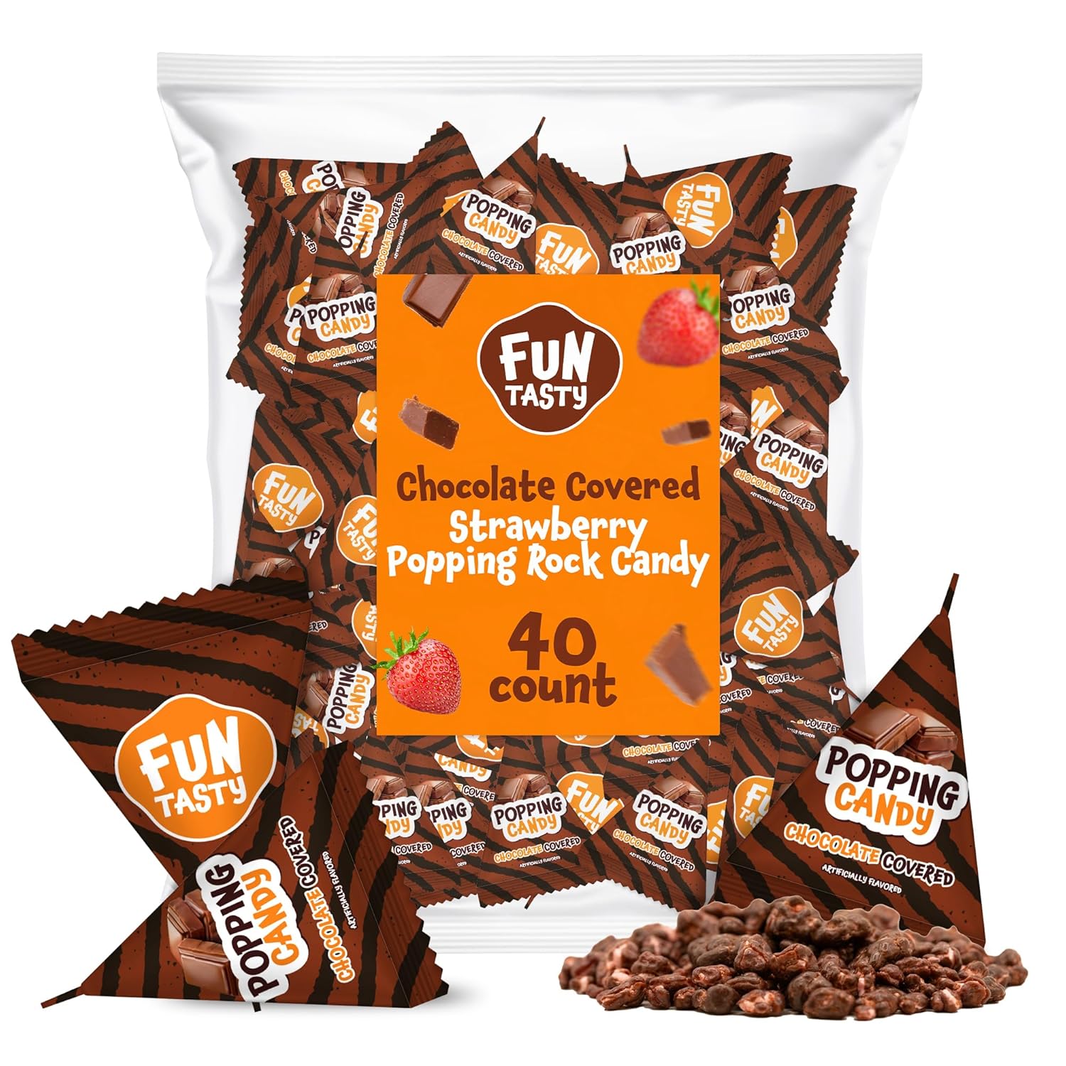 Funtasty Popping Rock Candy - 40 Count Bag - Chocolate Covered - Strawberry Flavor - Individually Wrapped Halloween Candy Bulk - Fun Kids' Party Favors