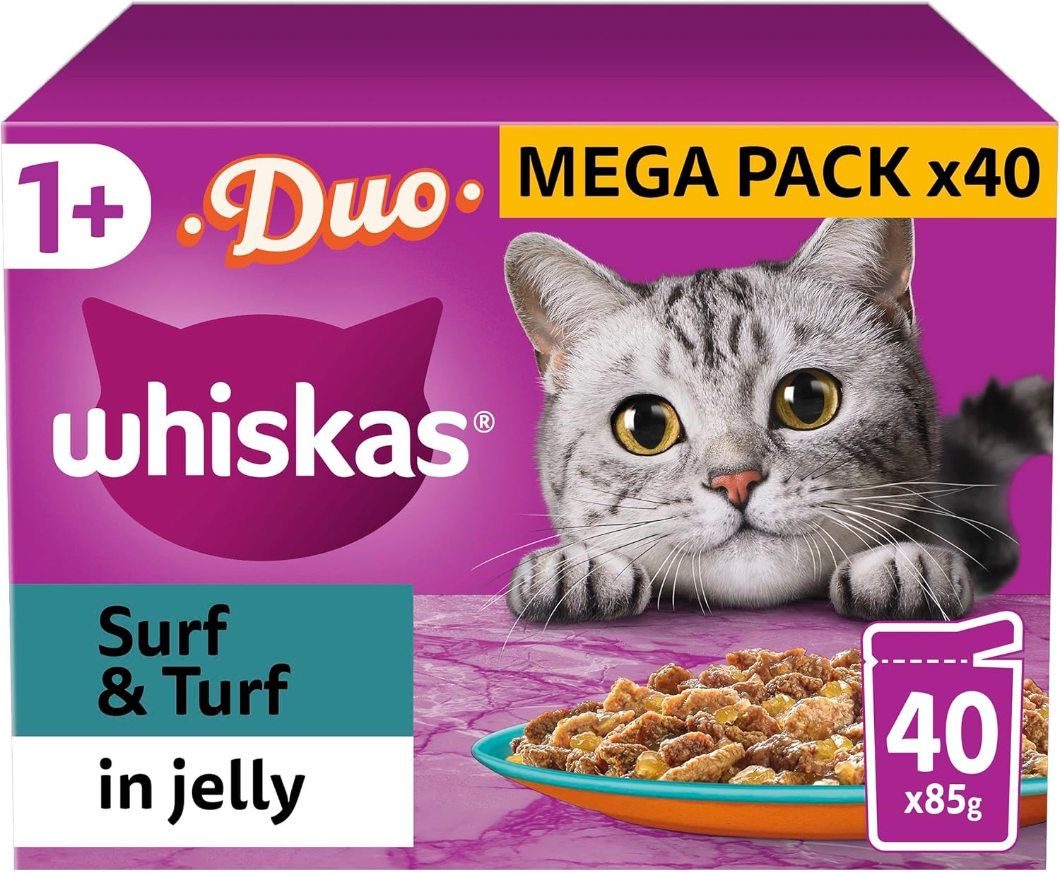 Whiskas Tasty Duo 1+ Surf & Turf in Jelly 40x85g Pouches, Adult Cat Food