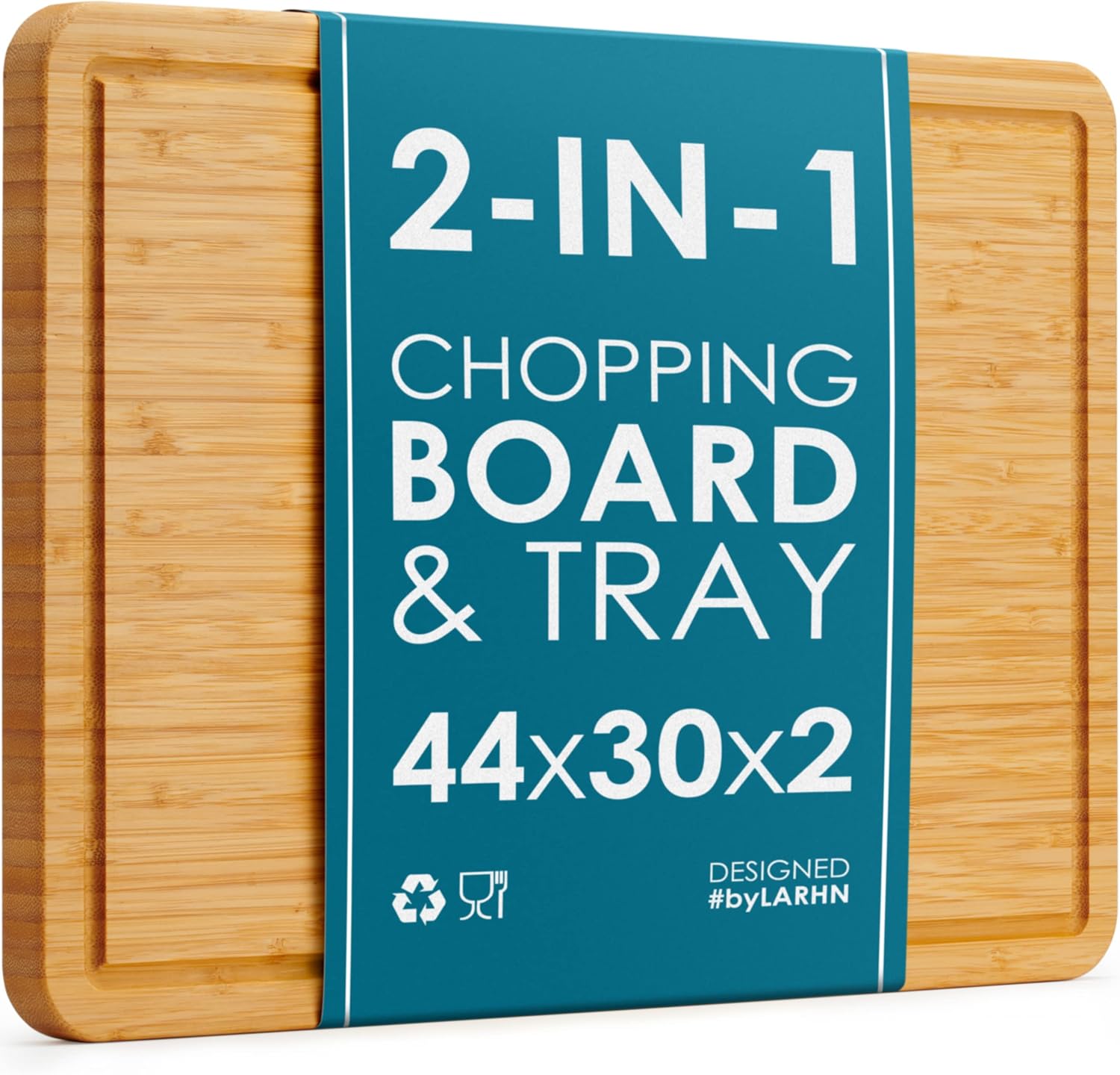 Premium Organic 2-in-1 Extra-Large Wooden Chopping Board & Serving Tray – 44x30x2cm – Multi-Purpose Bamboo Cutting Board with Juice Groove for Carving Meat, Vegetables, Cheese and Bread – by LARHN