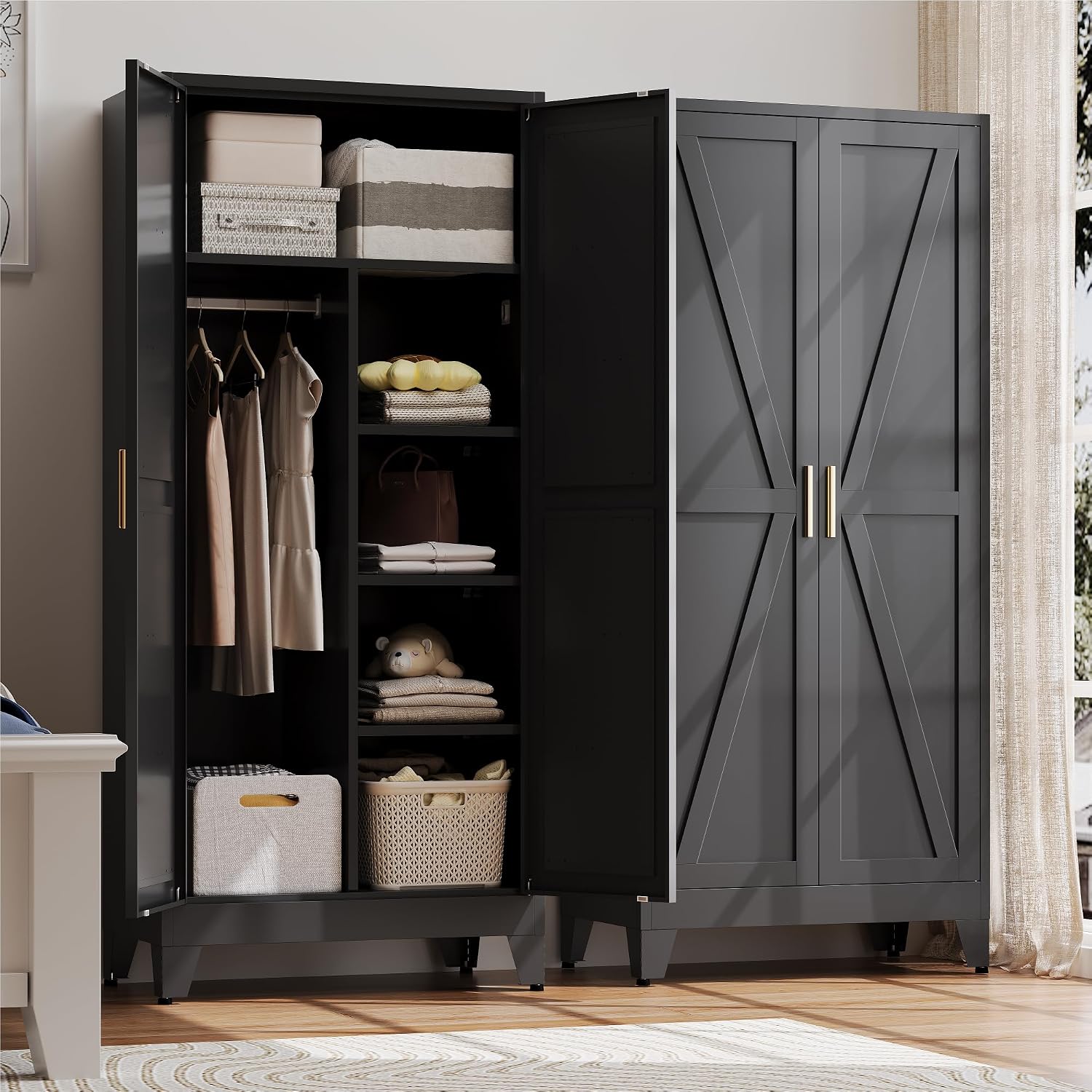 Baborokic Metal Wardrobe Cabinet with Hanging Rod,Large 71" Armoire Wardrobe Closet with Adjustable Shelves and Doors,Farmhouse Metal Office Cabinets for Bedroom,Office,Employee(Black)