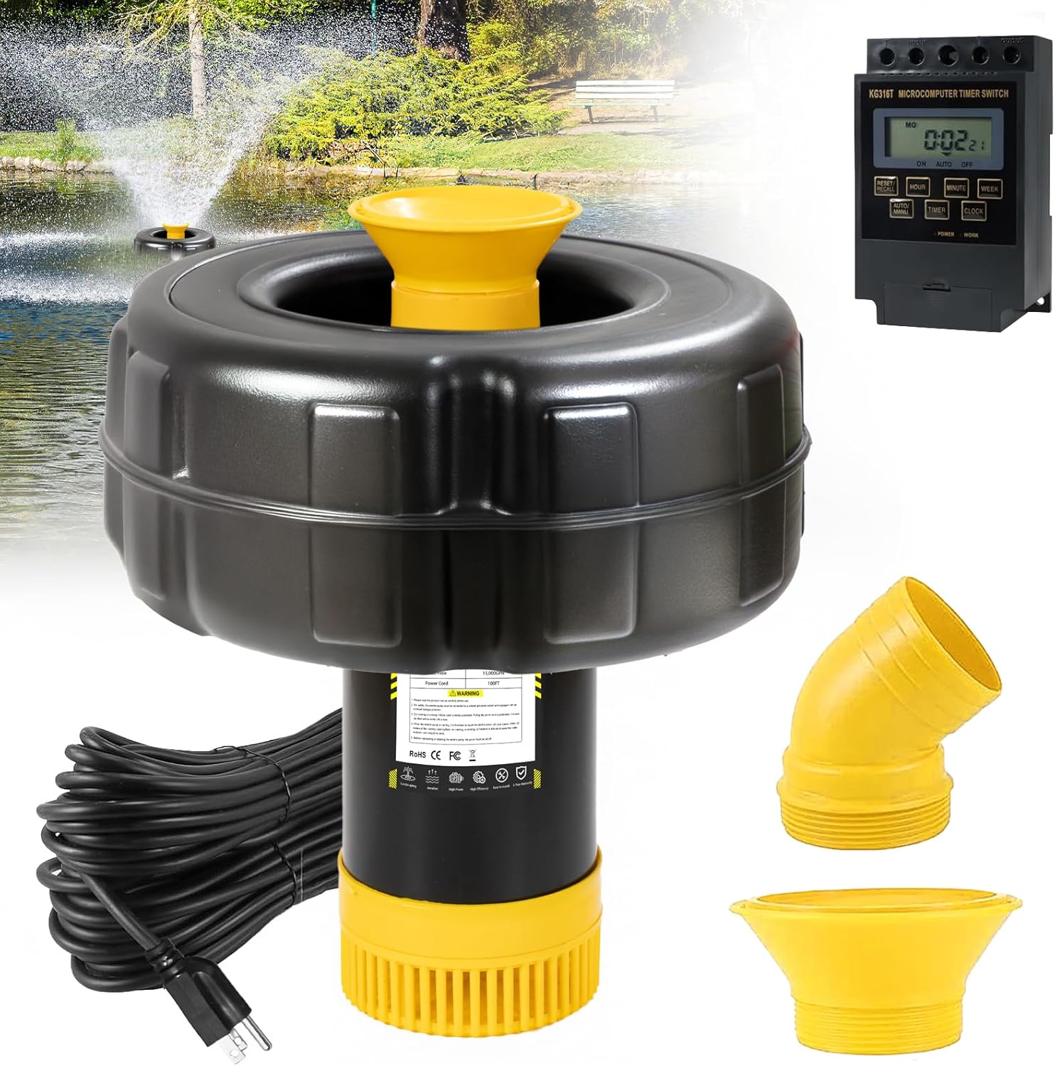 Pond Fountain Aerator, 1HP 15000 GPH Floating Aerating Fountain Pump with Timer & 100FT Cord, Jet System for Large Outdoor Ponds & Lakes