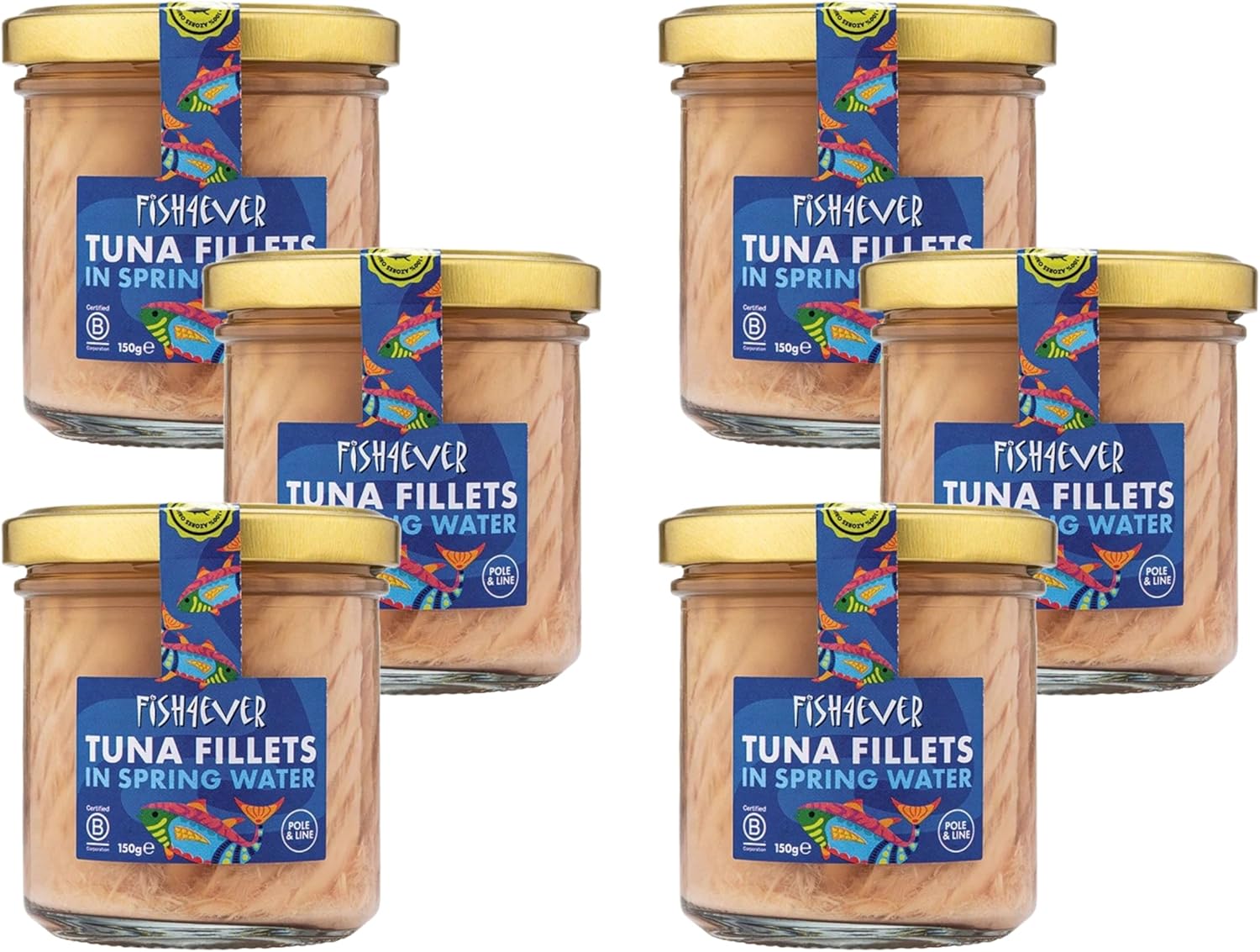 Fish 4 Ever | Skipjack Tuna Fillets In Water - Sustainably Fished. Canned Glass Jar Food Rich In Omega-3. Great Used In Salads, Making Sandwich Spread Or Hot And Cold Snacks |150g (Pack of 6)