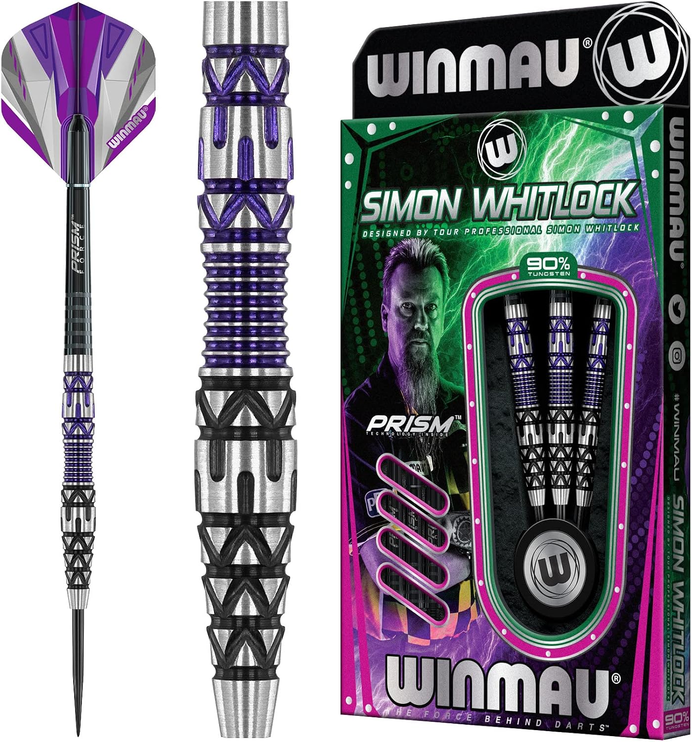 WINMAU Simon Whitlock Special Edition Tungsten Steeltip Darts Set 24g with Prism Flights and Shafts (Stems)