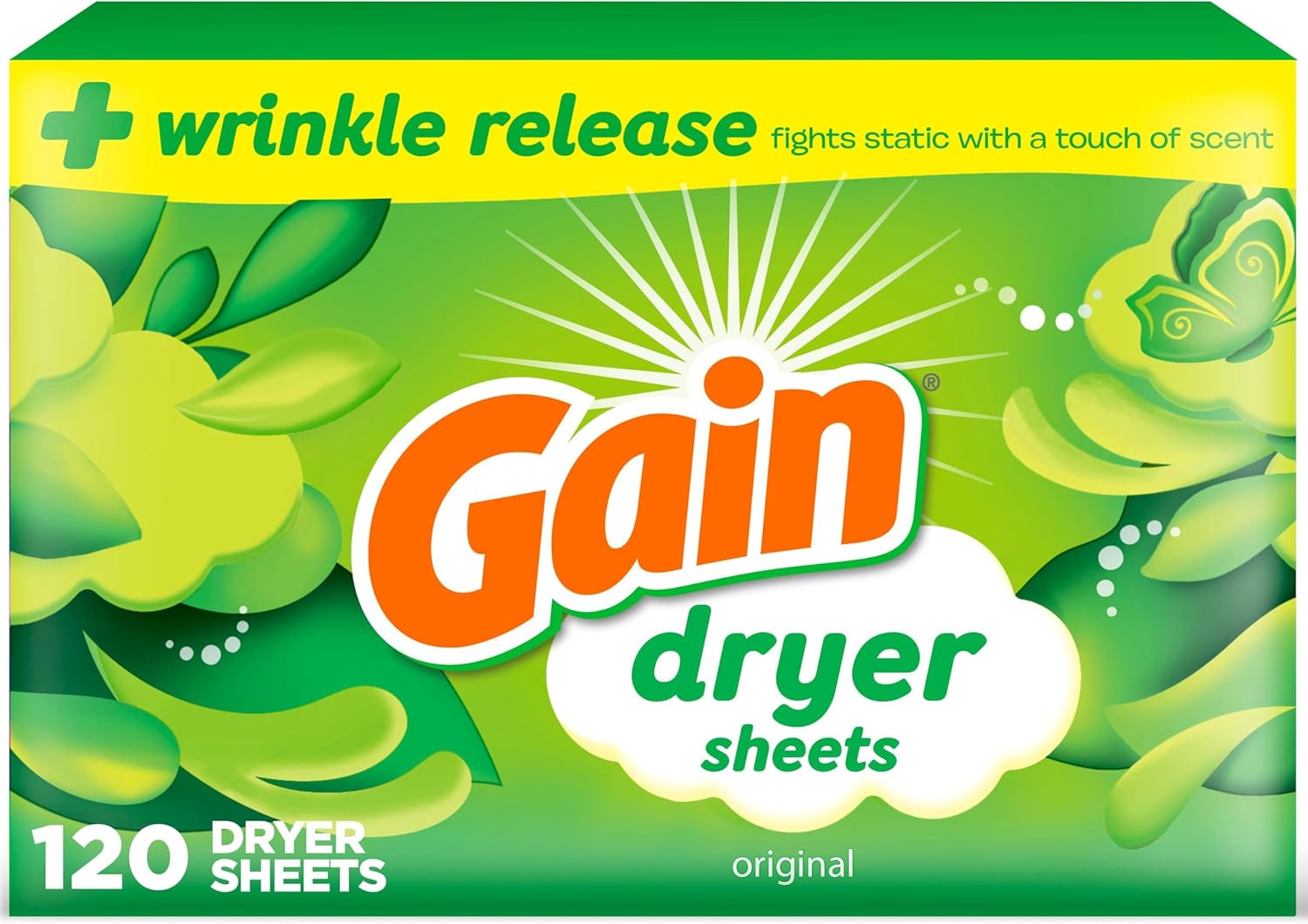 Gain dryer sheets Plus Wrinkle Release, Original Scent, 120 Count, Fights static with a touch of scent, laundry sheets