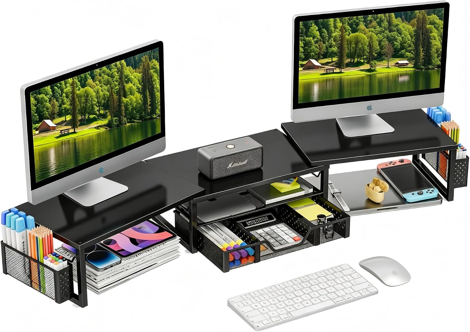 Simple Trending Dual Monitor Stand with Drawer and 2 Pen Holders, Black
