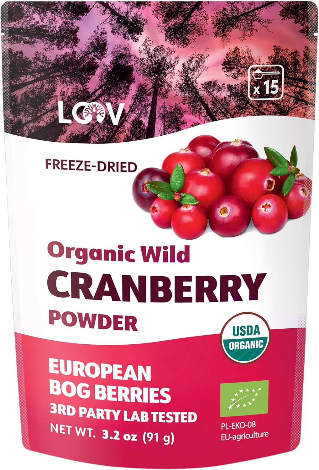 LOOV Organic Wild Cranberry Powder, 100% Whole Organic Cranberry Fruit, Freeze Dried and Powdered Wild Nordic Unsweetened Cranberries, 91 g No Added Sugar