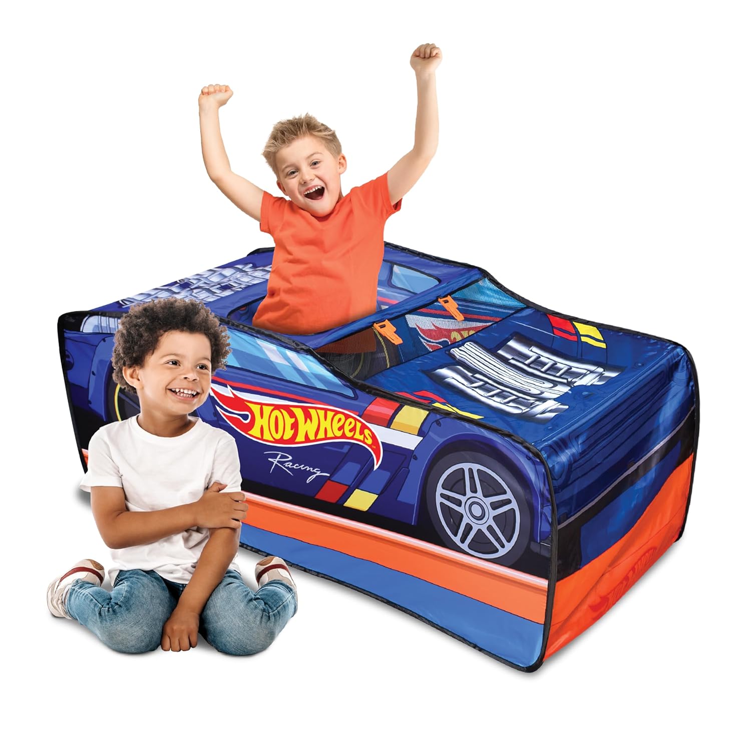 Hot Wheels™ Pop Up Play Tent, Playhouse for Boys, Race Car Tent with Connections for Hot Wheels Tracks, Indoor Playspace with Roll-Up Door & Roof Opening, Easy Setup, Folds Flat for Storage