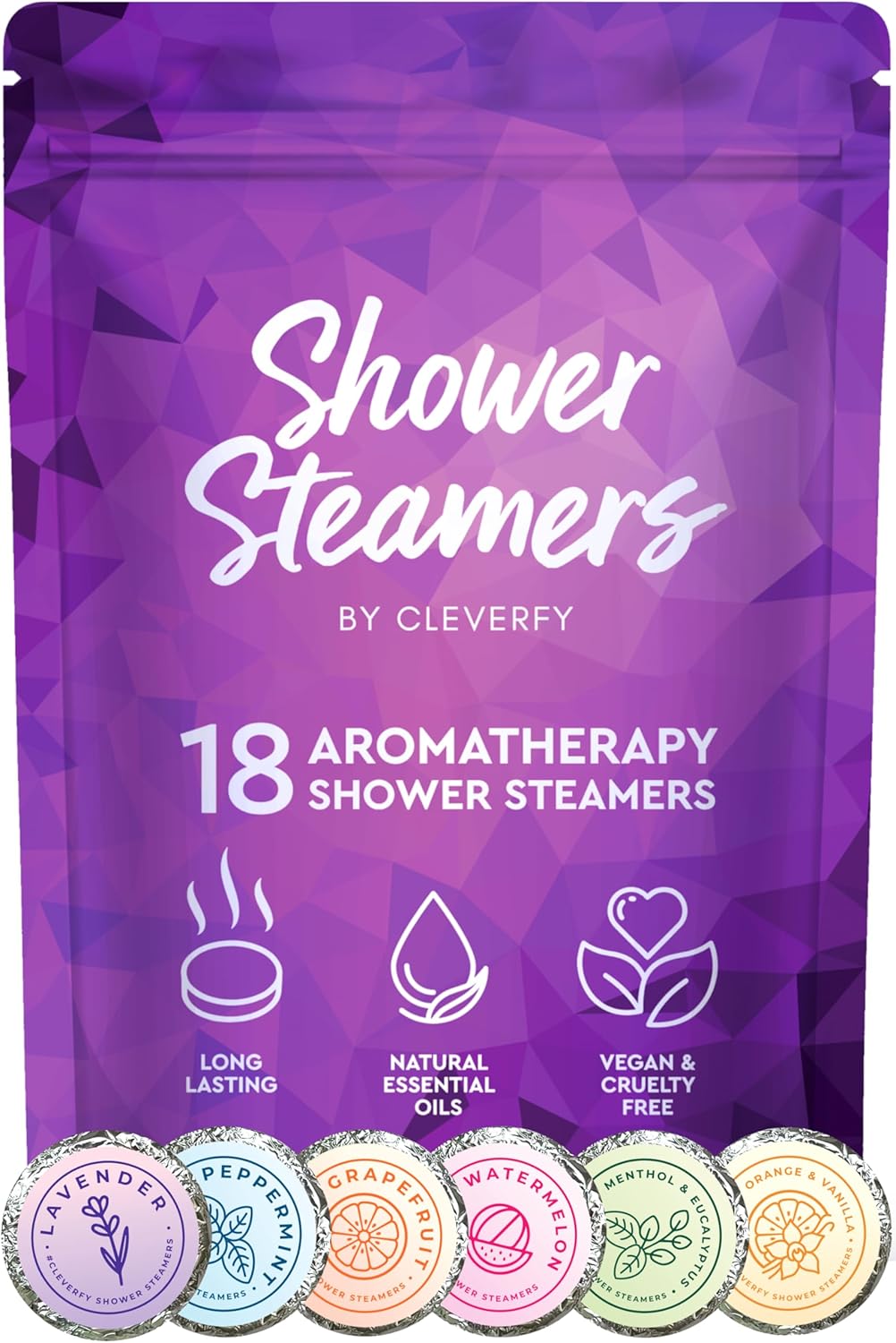 Cleverfy Shower Steamers Aromatherapy - 18 Pack of Shower Bombs with Essential Oils. Self Care Stocking Stuffers for Women and Teens and Christmas Gifts for Women. Purple Set