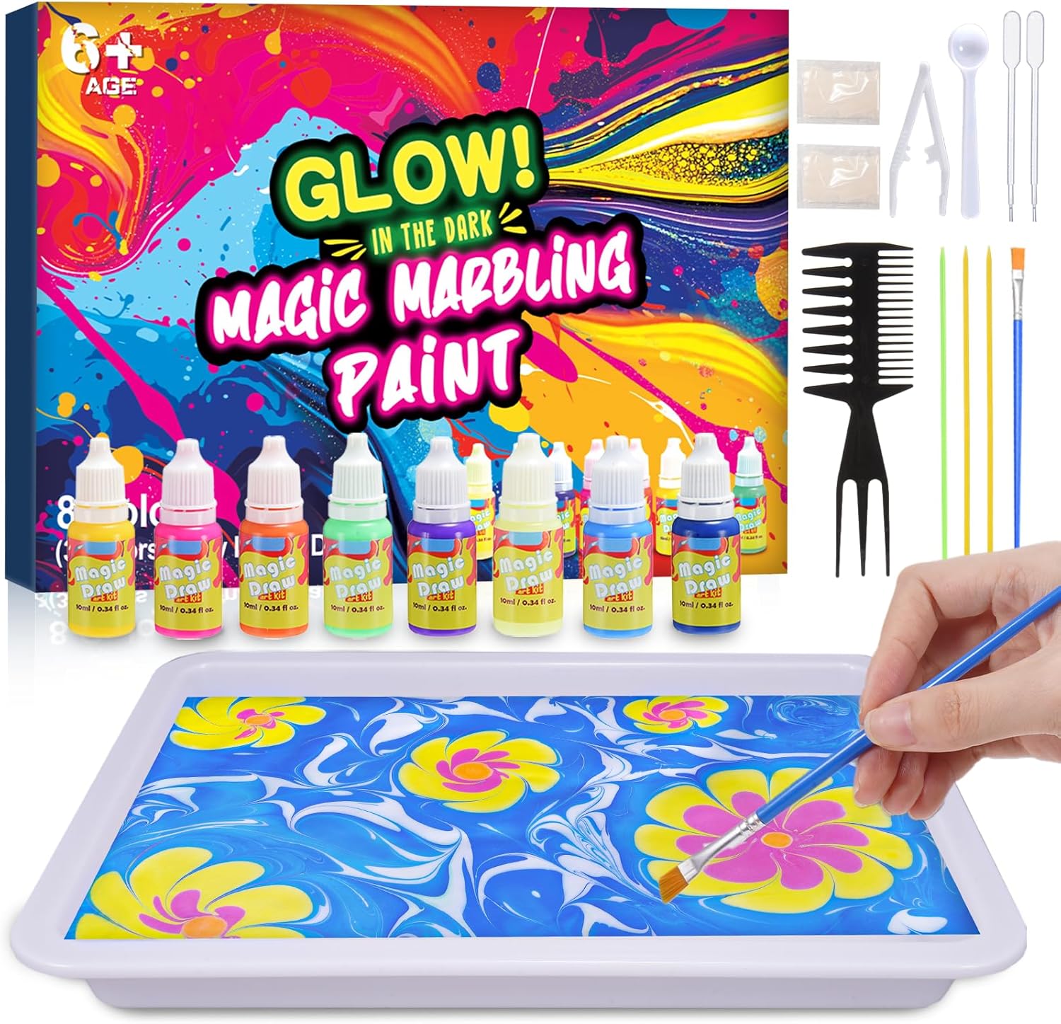 Hapikids Glow Water Marbling Paint for Kids, Arts and Crafts for Kids Age 6-12 Toys for 7-12 Year Old Girls Gift for 9 10 11 Year Olds Girls Boys Crafts for Kid Age 7-12 Birthday Gift Ideas