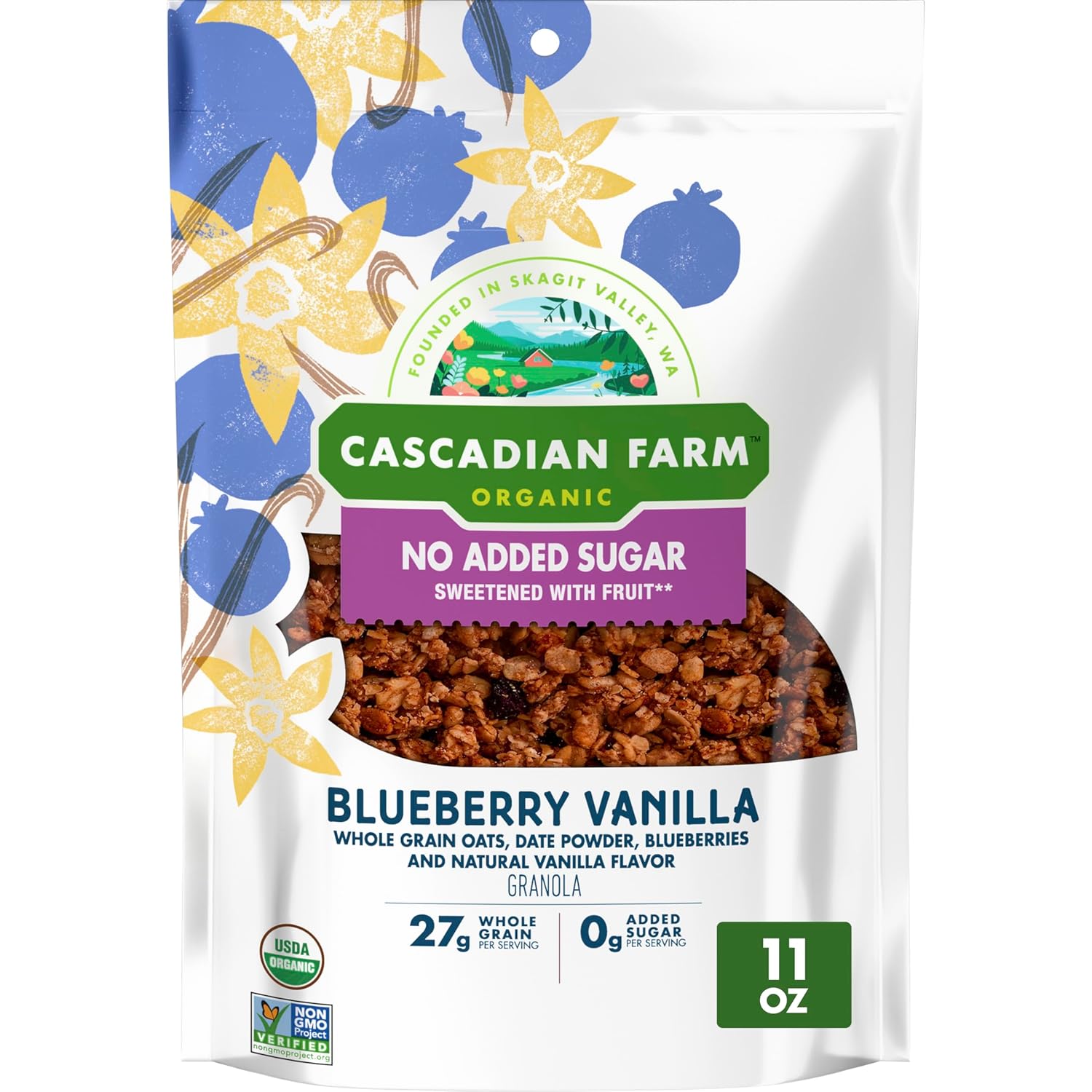 Cascadian Farm Organic Granola with No Added Sugar, Blueberry Vanilla Cereal, Resealable Pouch, 11 oz.
