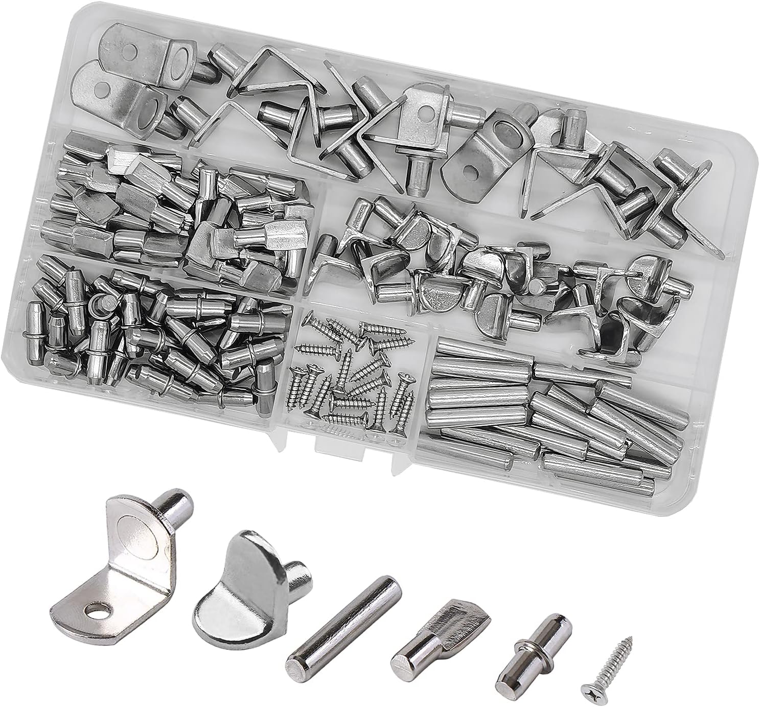 WeqeYent 132 Pcs 6 Style Shelf Bracket Pegs Kit Shelf Support Pegs Studs Metal Shelf Pins Nickel Plated for Furniture Cupboard Closet Bookcase Shelf