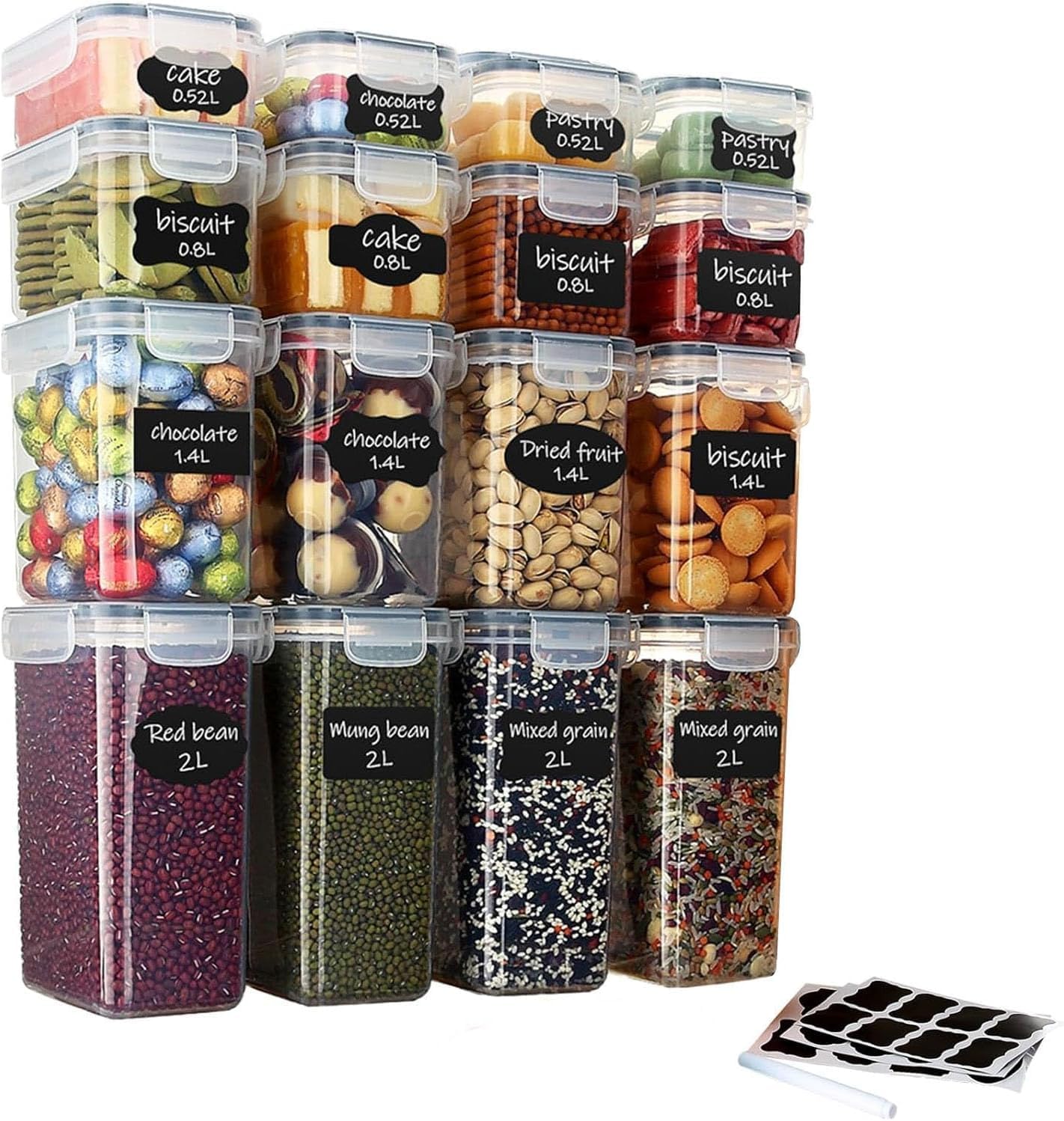 Greenfields Set of 16 Airtight Food Storage Containers & Kitchen Storage Containers - BPA-Free Plastic Containers for Flour, Sugar and Baking Supplies, with 20 Labels