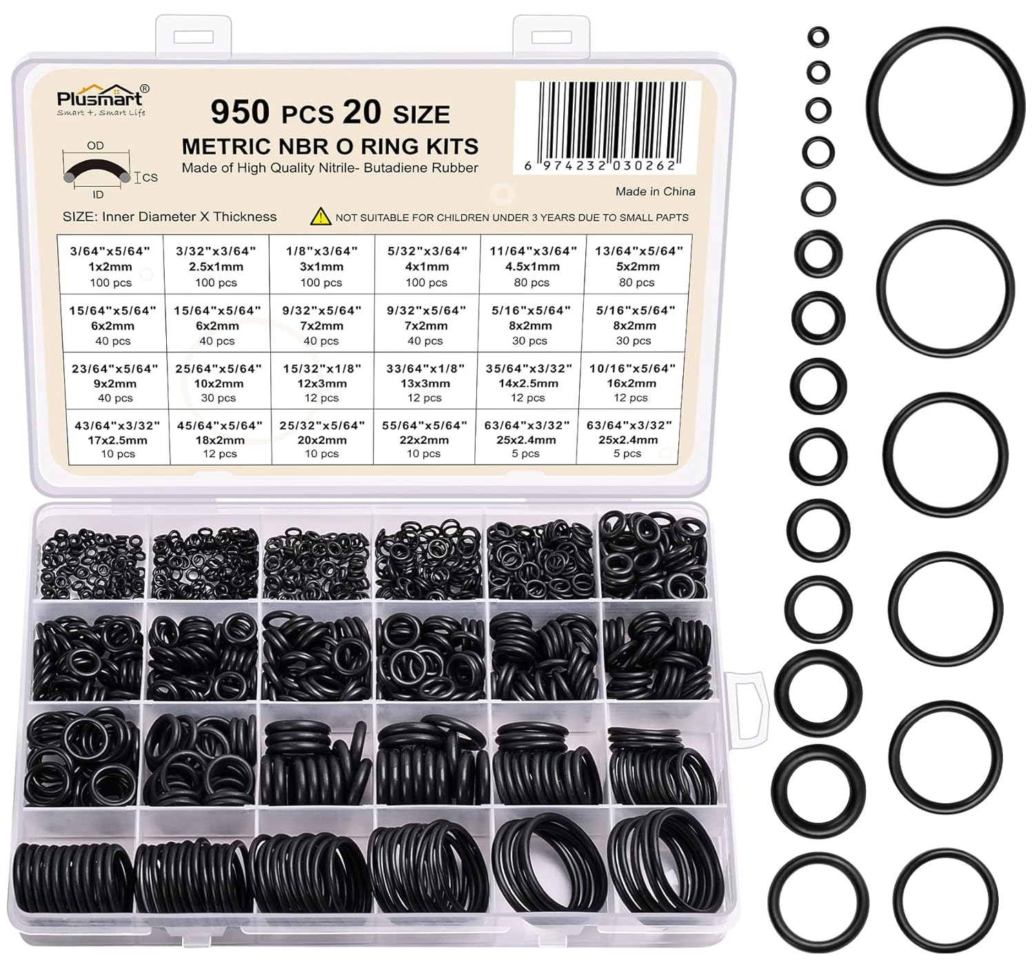 O Ring Kit, 950 Pcs Rubber O-Ring Assortment Kit, Plusmart 20 Sizes Washer Gasket Set for Pressure Washer, Plumbing Sealing Repair, Air or Gas Connections, Resist Oil and Heat