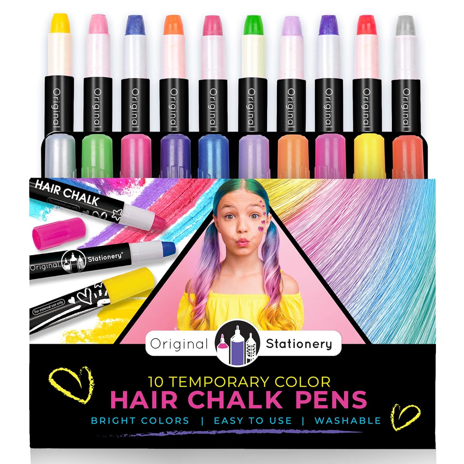 Original Stationery 10-Piece Temporary Hair Color Chalk Pens for Girls 7+ - 10 Count Multicolor - Washable Metallic & Vibrant Shades - Safe Dustless Hair Crayons for Kids