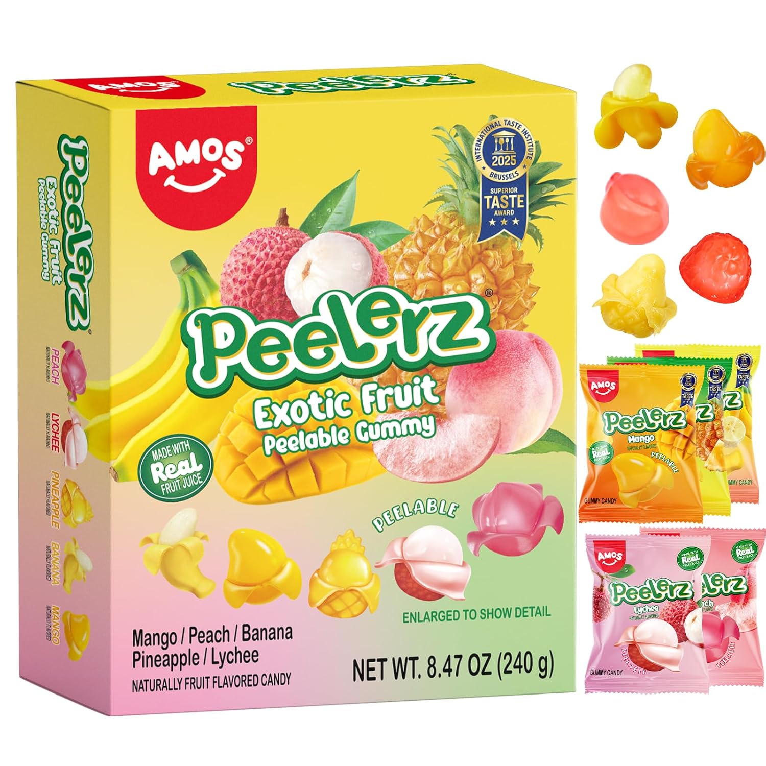 AMOS Peelerz Exotic Fruit Peelable Gummy Candy, 5 Tropical Flavors Mango Peach Banana Pineapple Lychee, 8.47oz Box 10 Individual Packs, Easter Basket Stuffers Fun Egg Hunt Treats with Real Fruit Juice