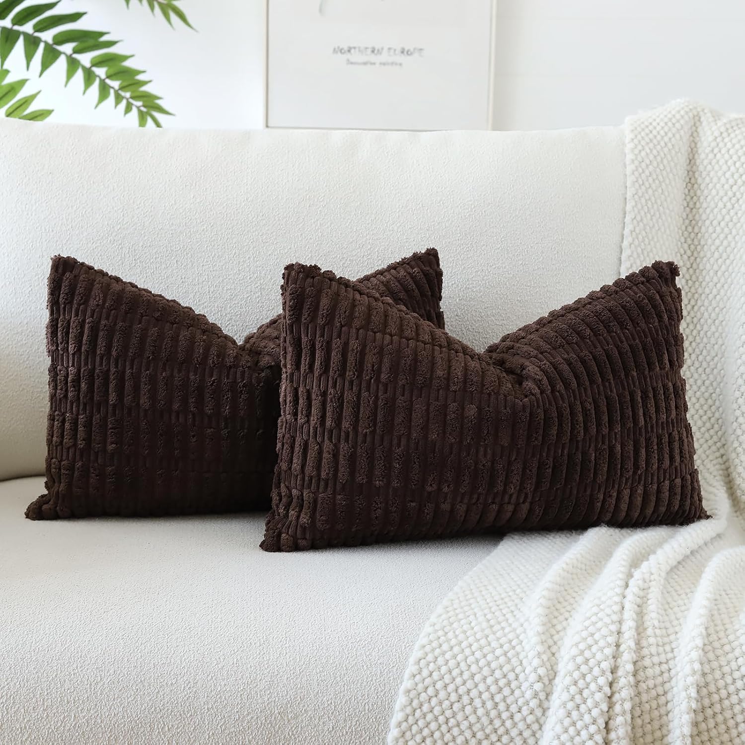 JOTOM Set of 2 Corduroy Soft Striped Cushion Covers 30x50 cm Boho Decorative Throw Pillow Covers Lumbar Cushion Case Couch Home Decor Pillowcases for Sofa Bedroom 12x20 Inch (Dark Brown)