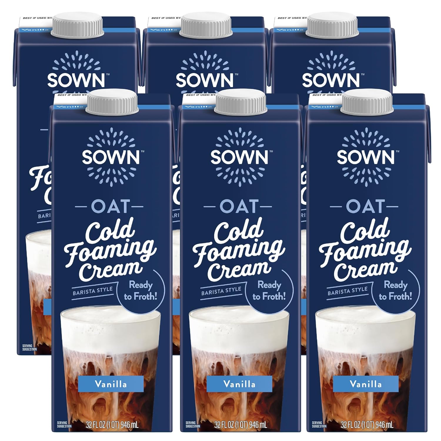 SOWN Oat Cold Foam Creamer, Vanilla - Barista Style Oat Milk Non Dairy Coffee Creamer - Ready to Froth - Plant Based, Dairy-Free, Vegan, Gluten Free, Non-GMO, Shelf Stable - 32oz (Pack of 6)