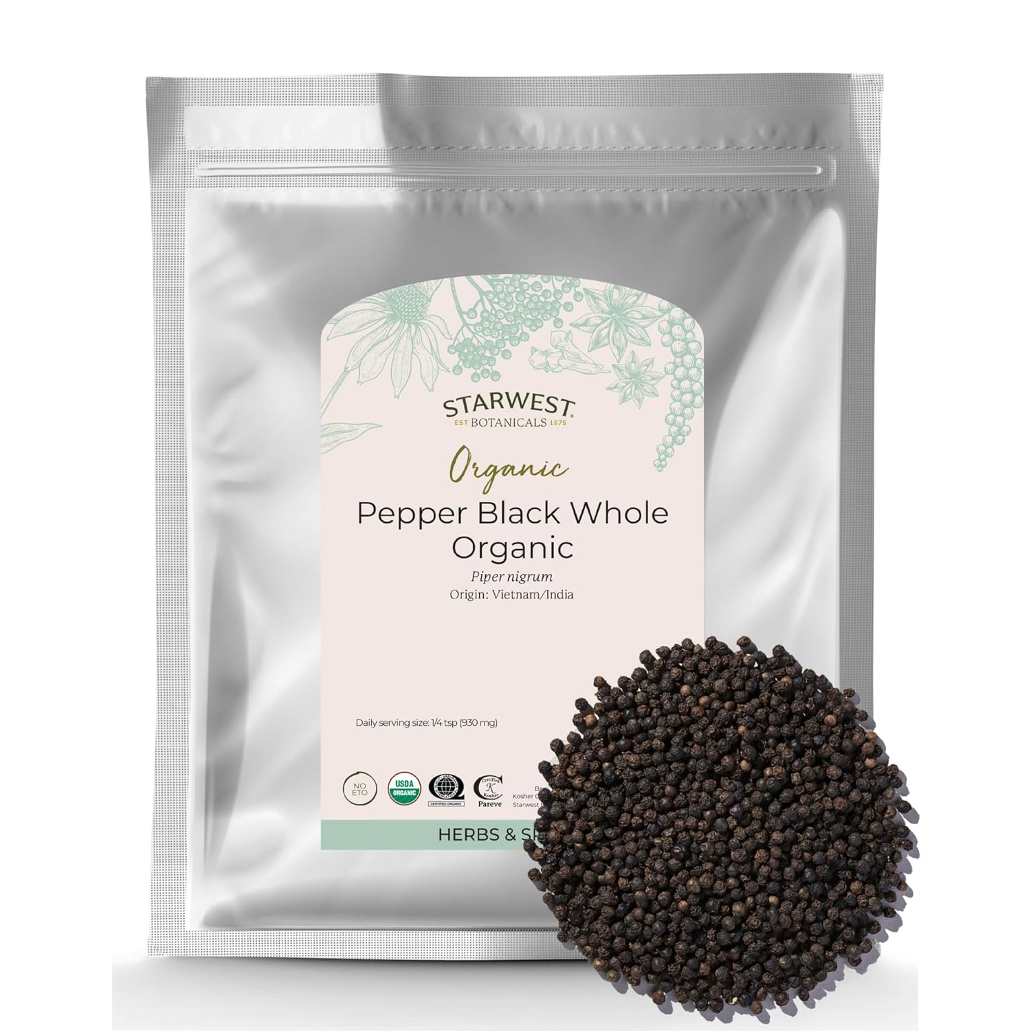 Starwest Botanicals Organic Whole Black Pepper - Black Peppercorns for Grinder Refill, Sourced from India, Sri Lanka, & Vietnam, Certified Kosher, Non-GMO - Bulk 1 lb Bag