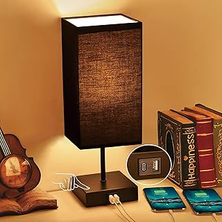 Sailstar Table Lamp for Bedroom, 3 Way Dimmable Touch Bedside Lamp, Small Lamp with 2 USB C+A Charging Ports, Black Nightstand Lamps for End Table, Living Room, Desk, Bulb Included