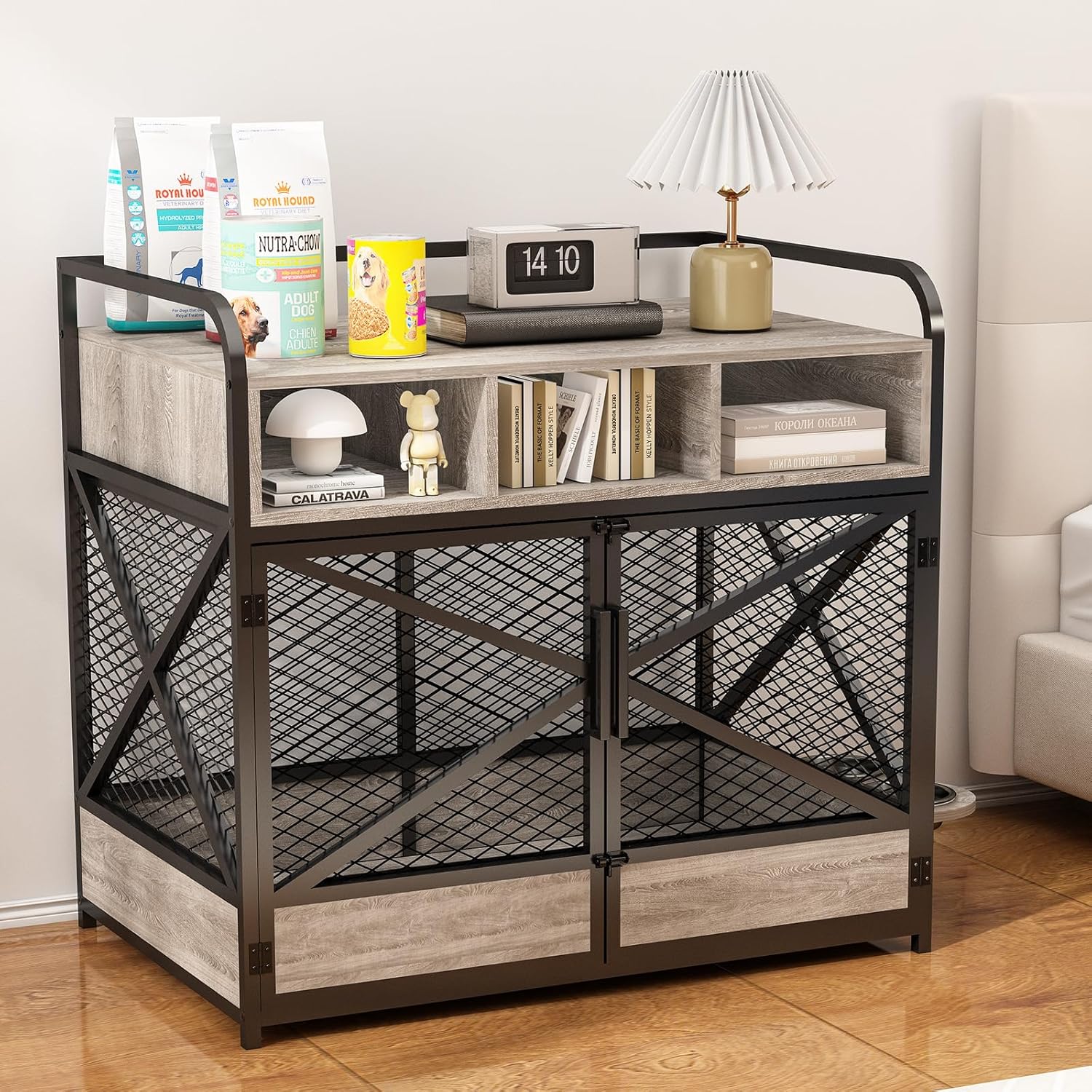 Wooden Dog Crate Furniture, 39'' L Dog Kennel Indoor for Medium & Large Dog, Heavy Duty Dog House with 360°Swivel Dog Bowls, Dog Furniture, Chew-Resistant Dog Cage, End Table, Grey