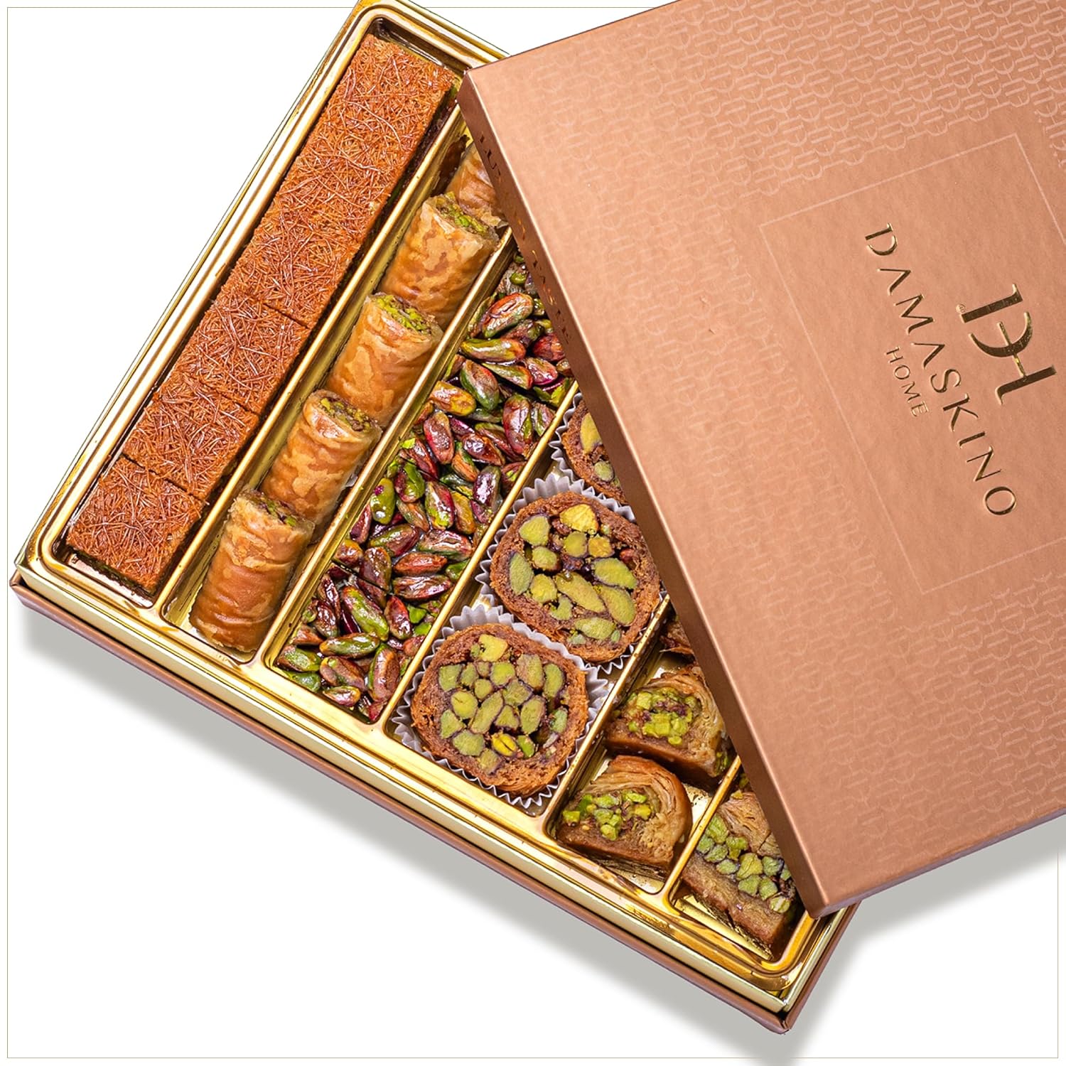 Damaskino Home Assorted Baklava Gift Box 1.2lbs – 33 Pieces of Turkish Baklava Pistachio & Kunefe Pastries – Authentic Middle Eastern Sweets Made with Phyllo Dough and Katafi Shredded Pastry