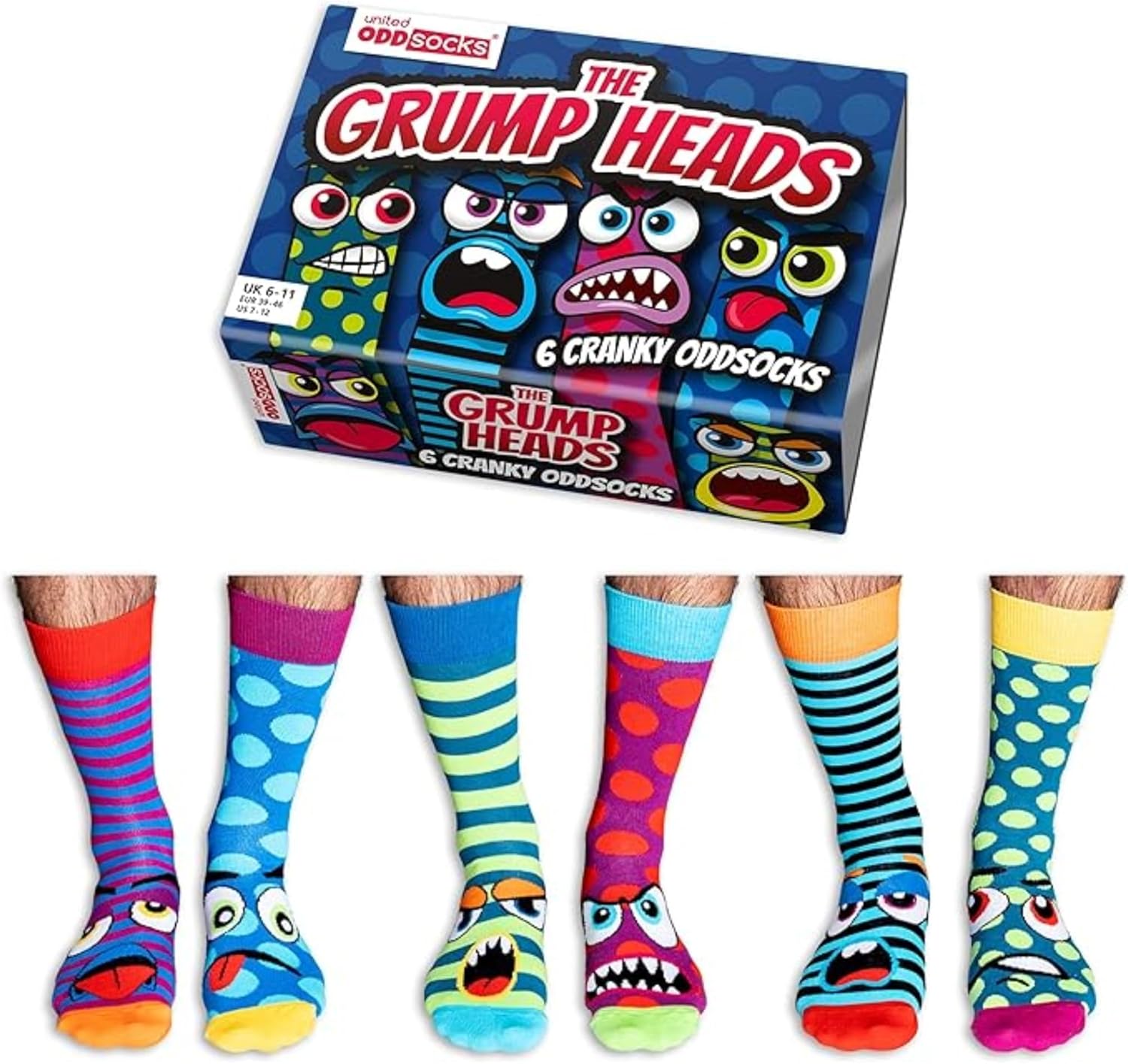 United Oddsocks Grump Heads - Box of 6 Odd Socks for Men,UK 6-11 | EUR 39-46 | US 7-12. Fun and Quirky Birthday,Christmas,Father's Day Gift for Men