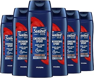 Suave Men Moisturizing Body & Face Wash, Energizing Sport with Bergamot & Wood Scent, No Parabens, No Phtahaltes, 18 Oz Pack of 6