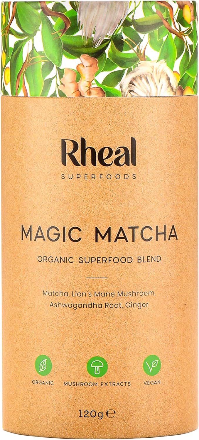 Rheal Magic Matcha 120g | 60 Servings | Contains Lion's Mane Mushroom & Ashwagandha | Supports Wellness Through Brain-Loving Superfoods | 100% Organic & Gluten Free | Plant Based | Certified B Corp