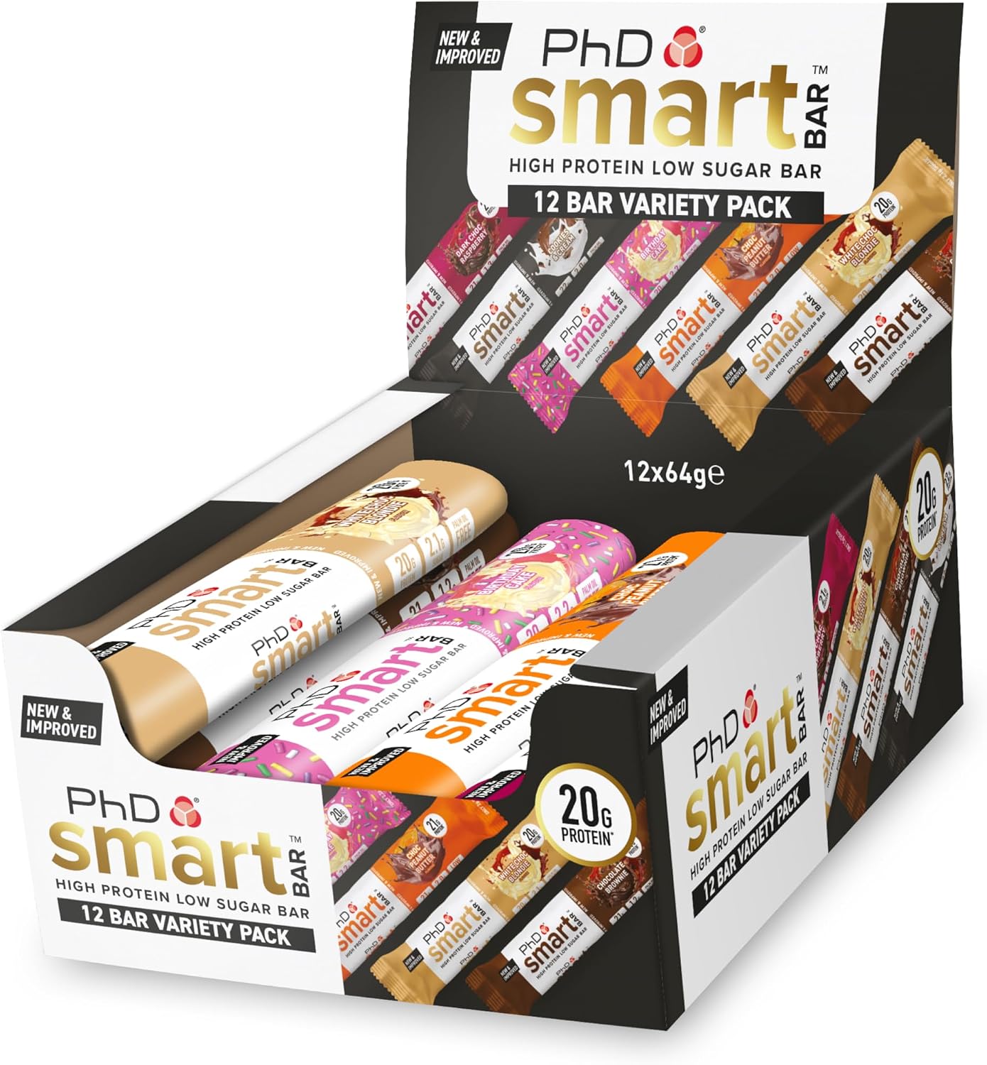 PhD Nutrition Smart Protein Bar Low Calorie, Nutritional Protein Bars/Protein Snacks, High Protein Low Sugar, Variety Pack, 20g of Protein, 64g Bar (12 Pack)
