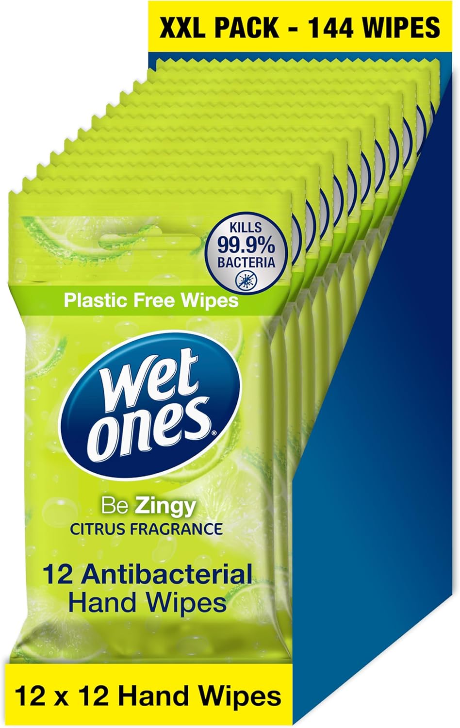 Wet Ones – Be Zingy – Plastic Free Antibacterial Pocket Size Hand Wipes - 144 wipes – 12 packs x 12 wipes