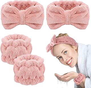 Chuangdi 4 Pcs Microfiber Headband Spa Wristbands and Wrist Bands for Washing Face Cuffs Towel Wristbands Hair Headband Face Wash Wristband Cuffs for Women Makeup(Pink)