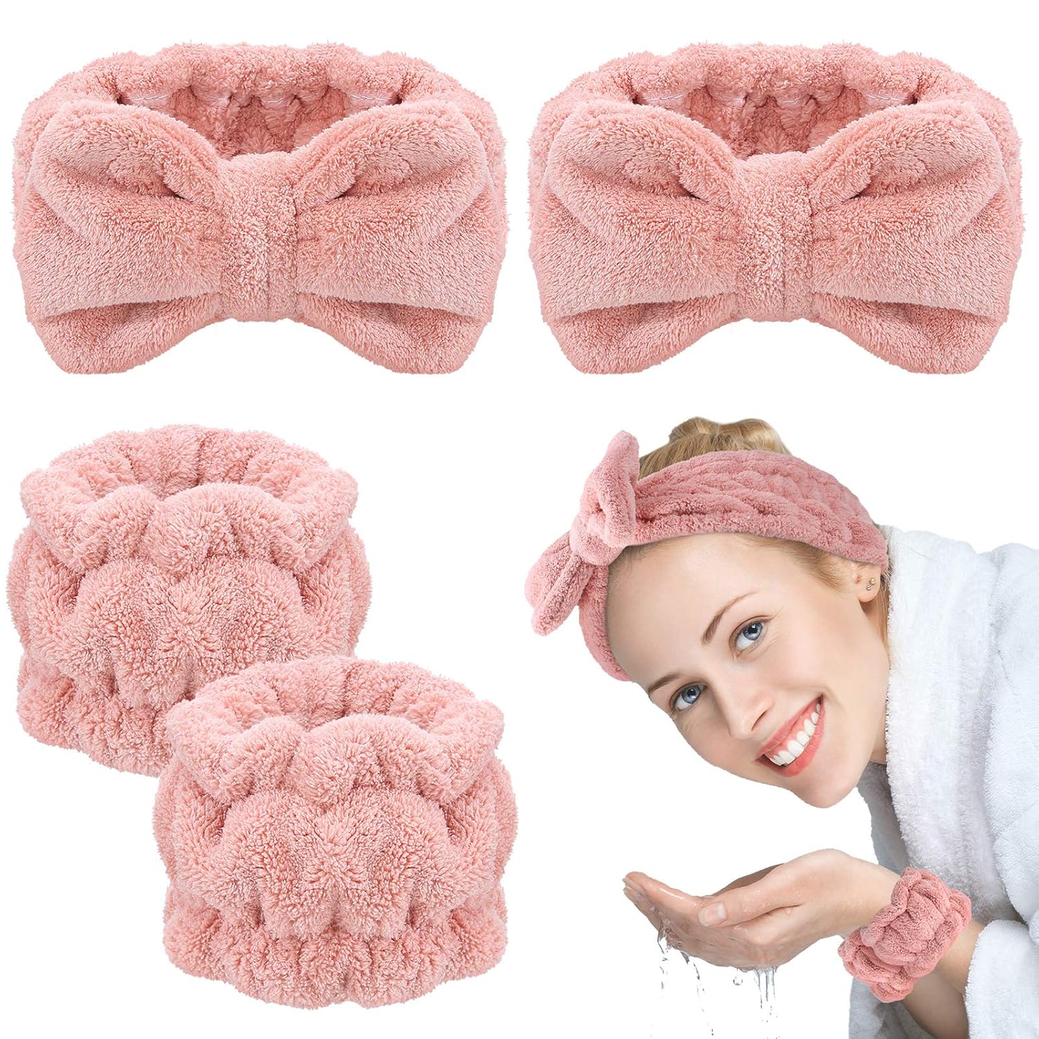 Chuangdi 4 Pcs Microfiber Headband Spa Wristbands and Wrist Bands for Washing Face Cuffs Towel Wristbands Hair Headband Face Wash Wristband Cuffs for Women Makeup(Pink)