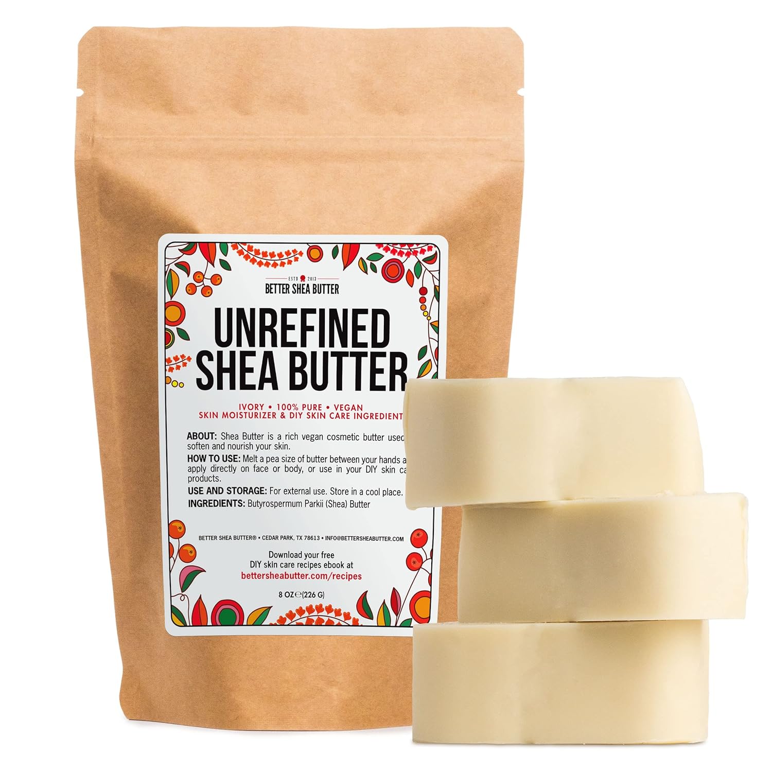 Raw Shea Butter - 100% Pure African Unrefined Shea Butter for Hair - Skin Moisturizer for Face, Body and for Soap Making Base and DIY Whipped Lotion, Oil and Lip Balm - 8 oz Block