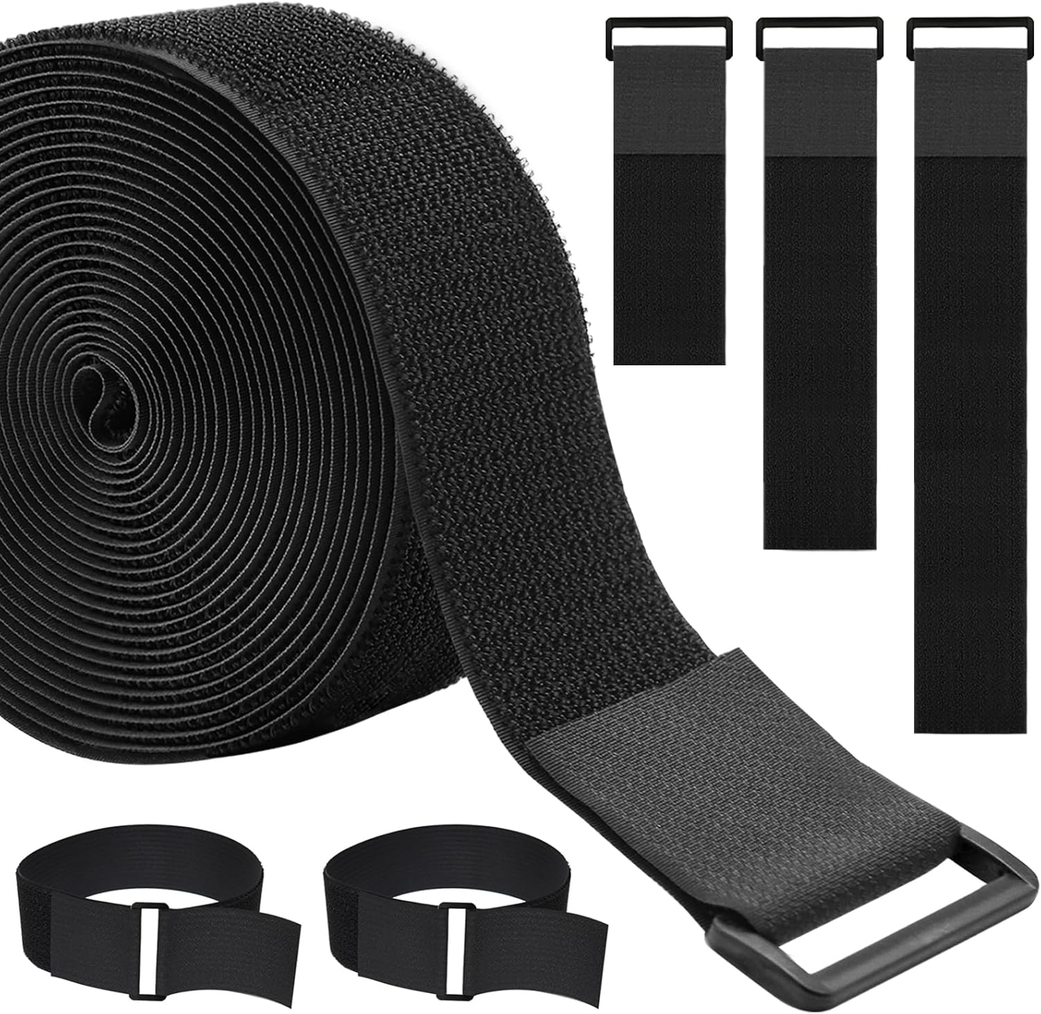 1.5In x 32Ft Cable Straps Heavy Duty With 40 Buckles, Black Hook and Loop Straps, Reusable Cable Ties for Organizer or Storage
